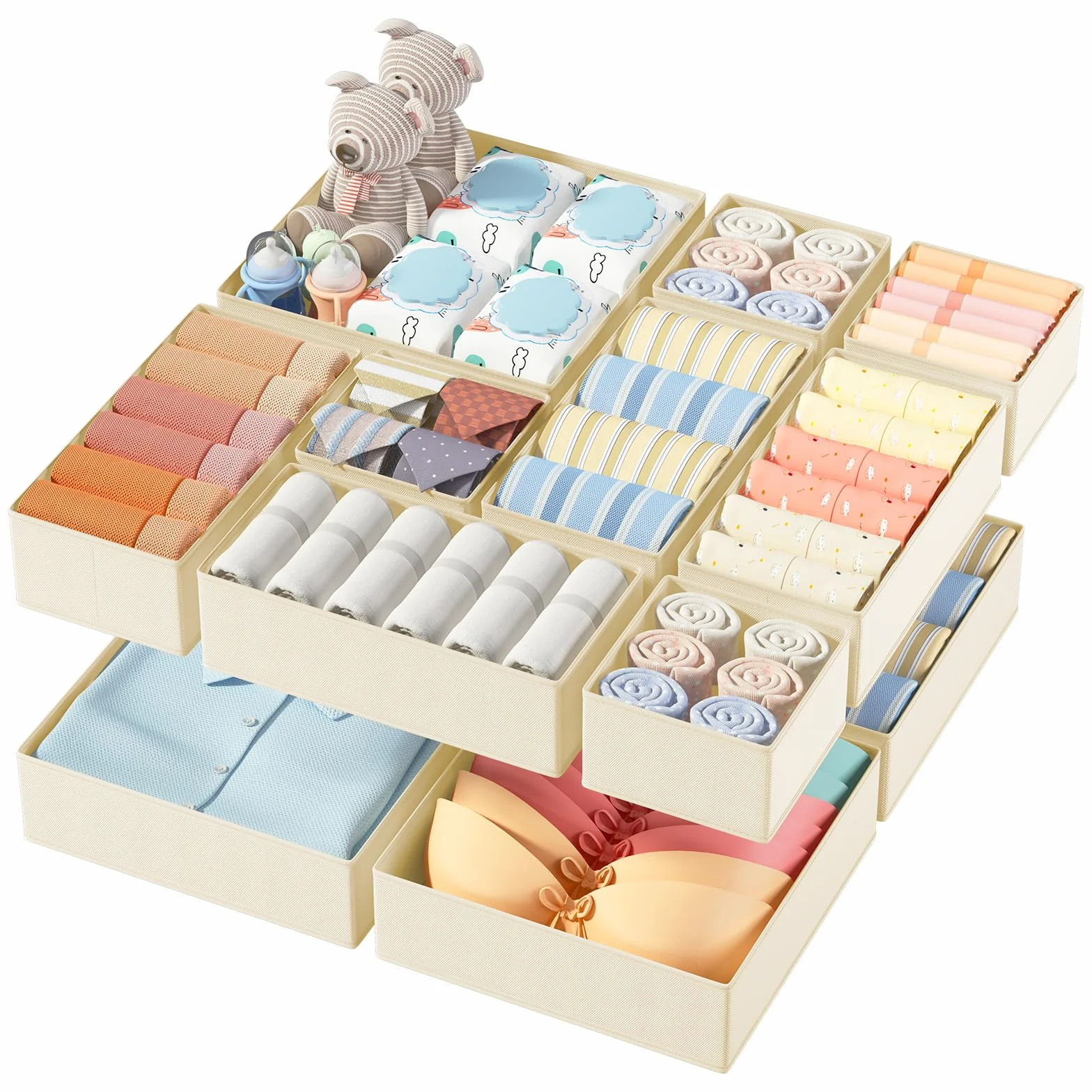 Organizador Cajones Plegables de Tela No Tejidos Juego de 12 Cajas Almacenaje Beige