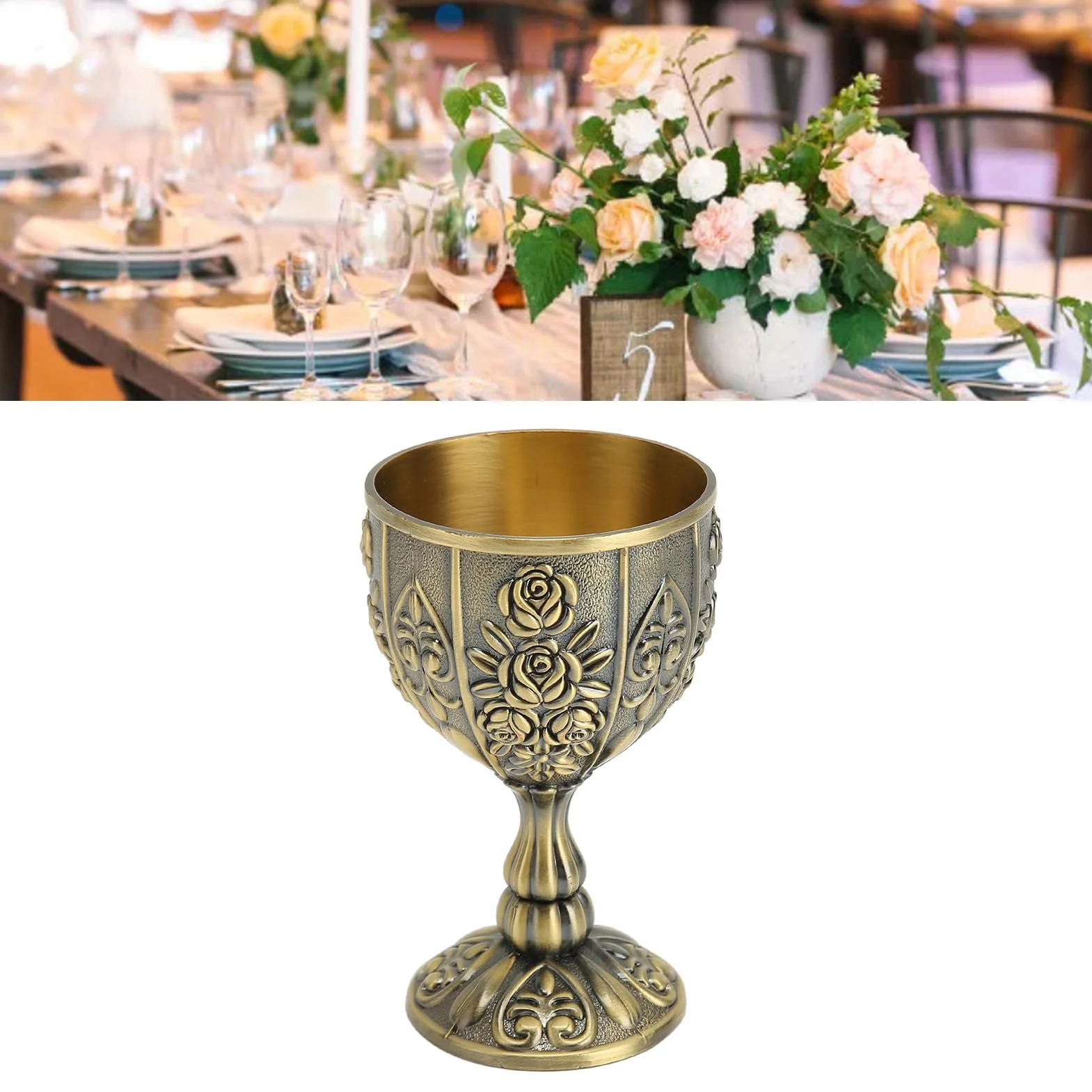 Copa de Vino Vintage, Taza de Vino en Relieve con Patrón de Flores, Mini Copa de Cáliz Retro para Bares Domésticos, Fiestas, Bodas, 6,3x10,3cm(Bronce)