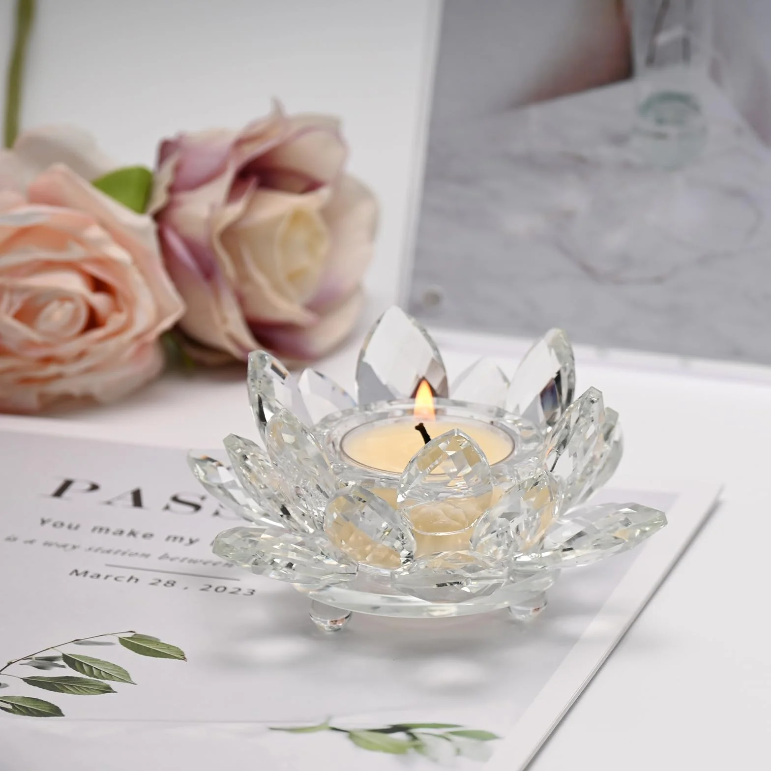 Porta Velas Cristal, Portavelas de Te de Flor de Loto, Portavelas Votivo de Cristal, Candle Holder de Vidrio para Decoración Navideña, Bodas y Fiestas en Casa (2)