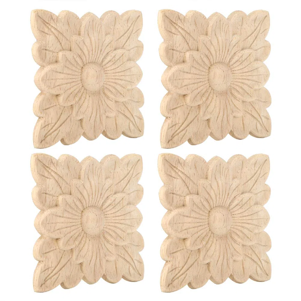 Yctze Apliques de Madera Tallada de 4 Piezas con Hermoso Patrón de Flores para Decoración de Muebles, Ideal para Puertas de Jardín, Chimeneas y Molduras