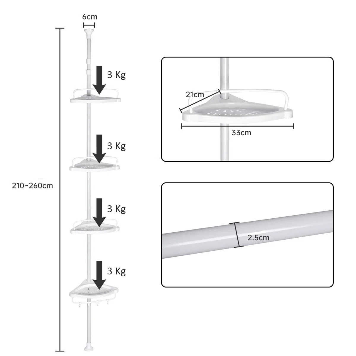T-LOVENDO.ES Estantería de esquina ducha o bañera telescópica sin taladro de pie esquinera. Extensible altura ajustable. 4 baldas. Desde 85cm a 260cm. Acero y plástico. Blanca