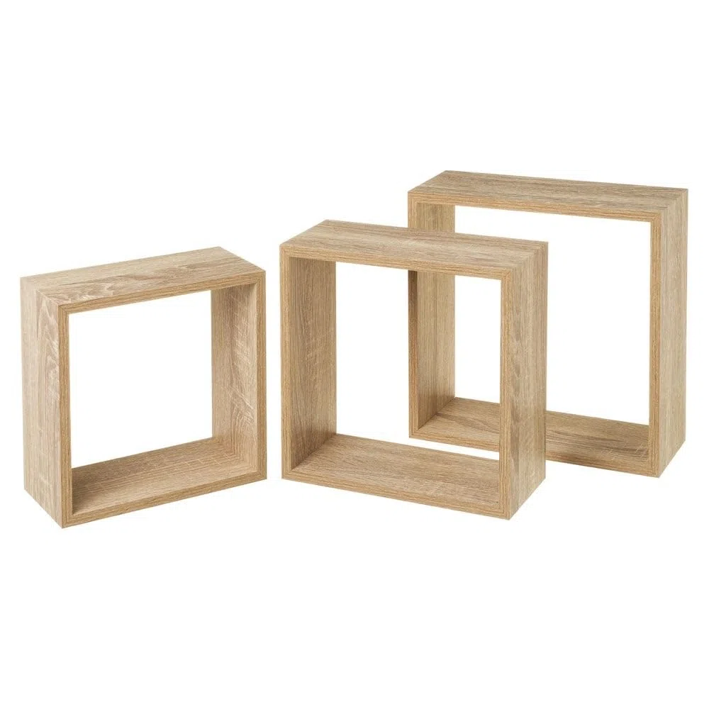 Set de 3 Estantes de Pared Cuadrados Roble Claro de 30x30, 27x27 y 24x24 cm. Fabricados en MDF Laminado PVC. Peso Máximo Soportado 5 Kg. Diseño Flotante. Requiere Montaje