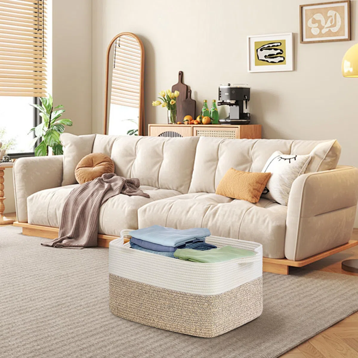 Cesto Ropa Sucia Trenzado de Algodón, 63L Cesto Colada con Asa, D55 x H30 CM Plegable Cestas de Lavandería, Cesta de Almacenamiento Grande, para Lavadero Habitación Infantil Salon Bañ