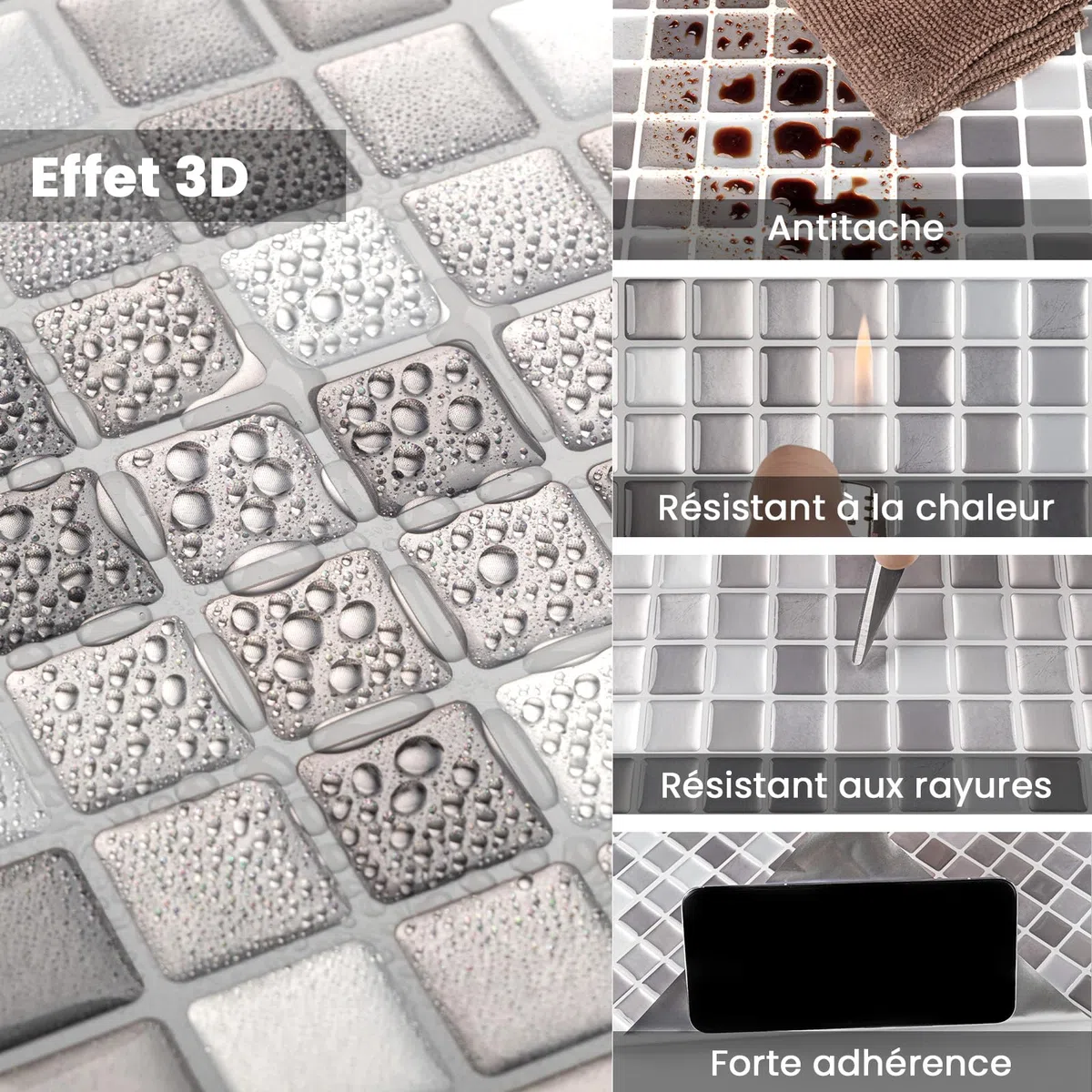 Hode Azulejos Adhesivos Cocina Baño Mosaico Gris, Decoracion Baldosas Adhesivas Pared, Impermeables Vinilos Baño Cocina Azulejos, Vinilo Adhesivo Pared 4 Piezas, 23.6x23.6cm