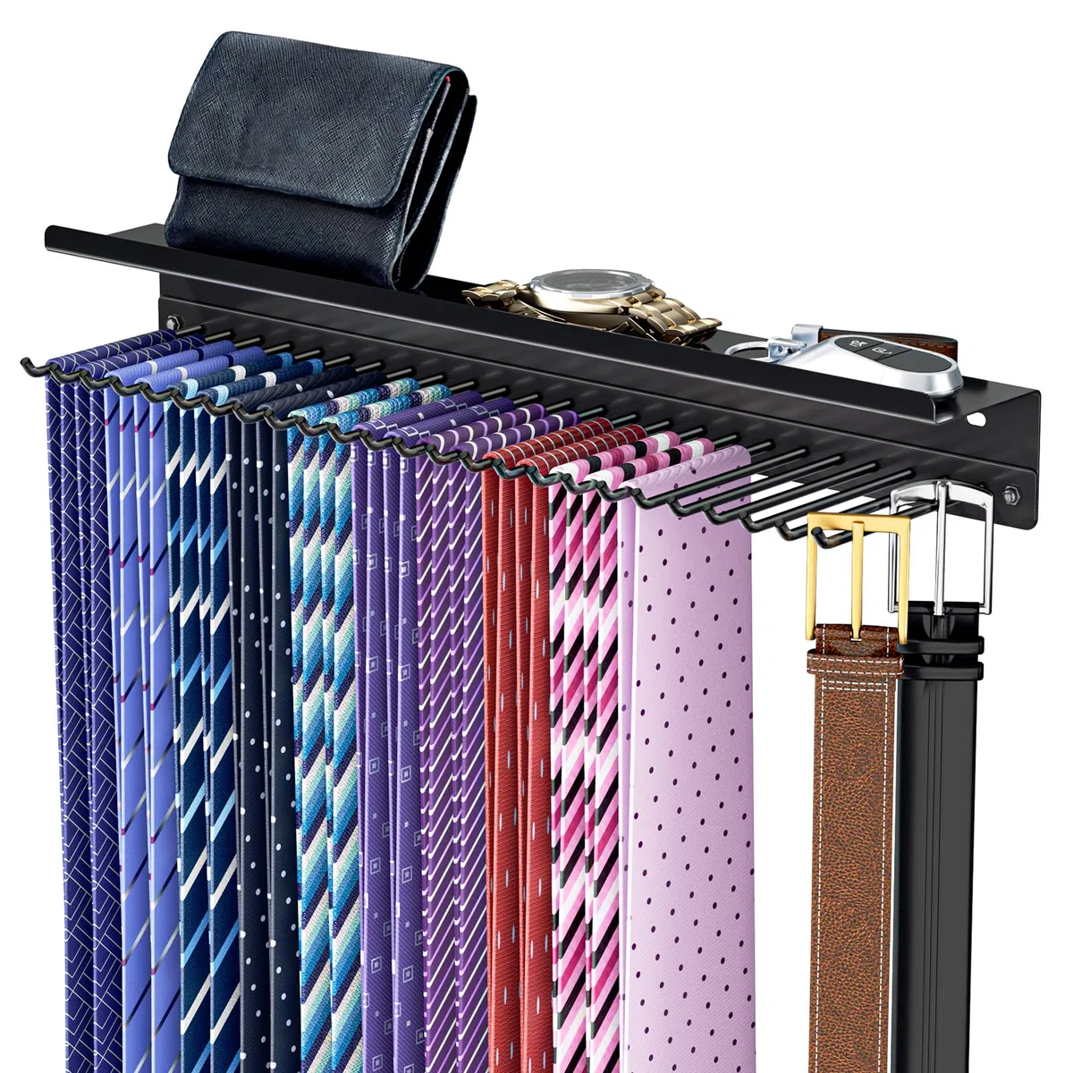Corbatero, Colgador De Corbatas De Pared, Organizador De Corbatas Adhesivo, Soporte para Corbatas para Puerta De Armario, Soporte Metálico con Estante Y 25 Ganchos, Colgador De Corbatas (Negro)