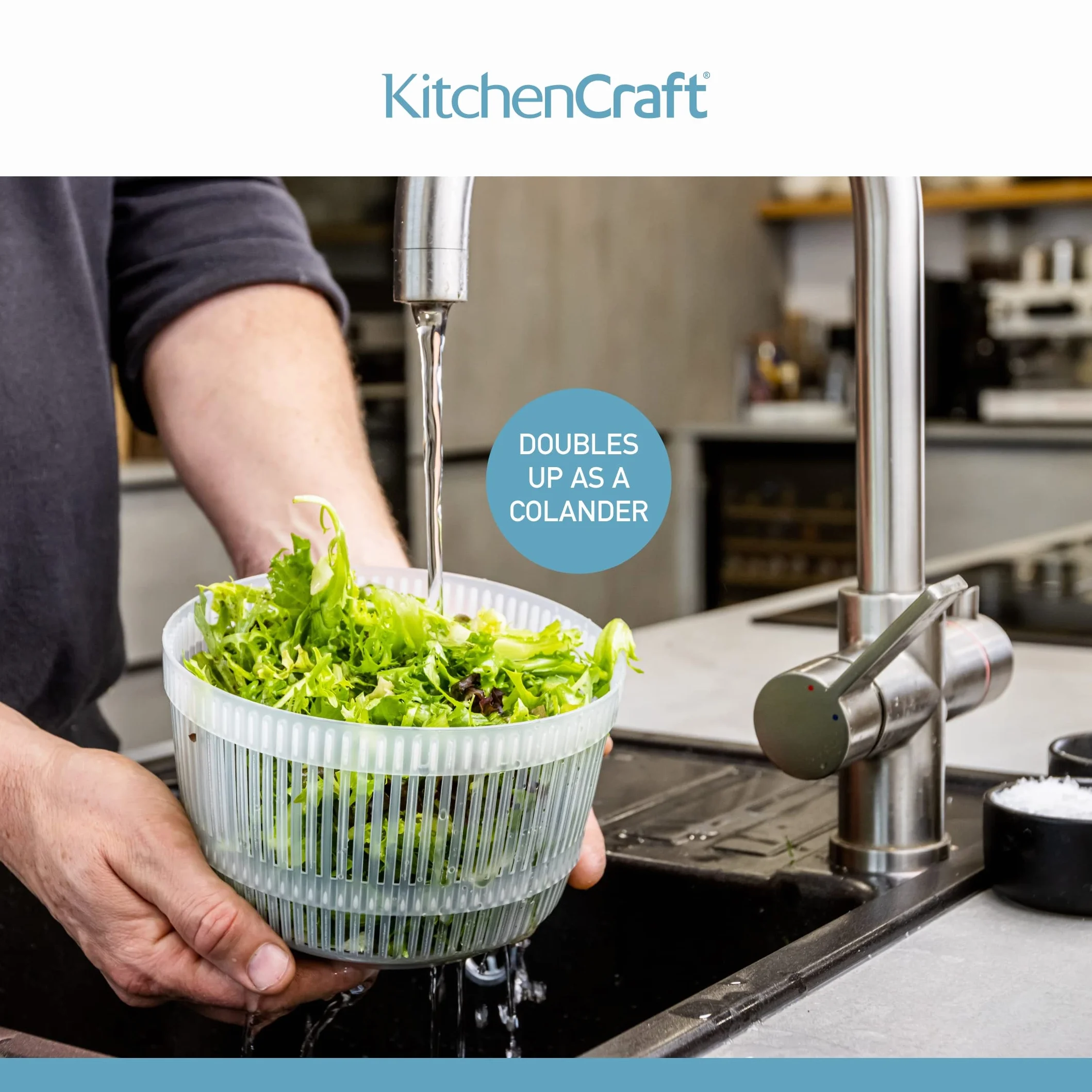 KitchenCraft Mini Ensaladera Giratoria para Escurrir y Colar el Agua Antes de Aliñar, Secado Rápido, Plástico de Seguridad Alimentaria, Apto para Lavavajillas, 19 cm
