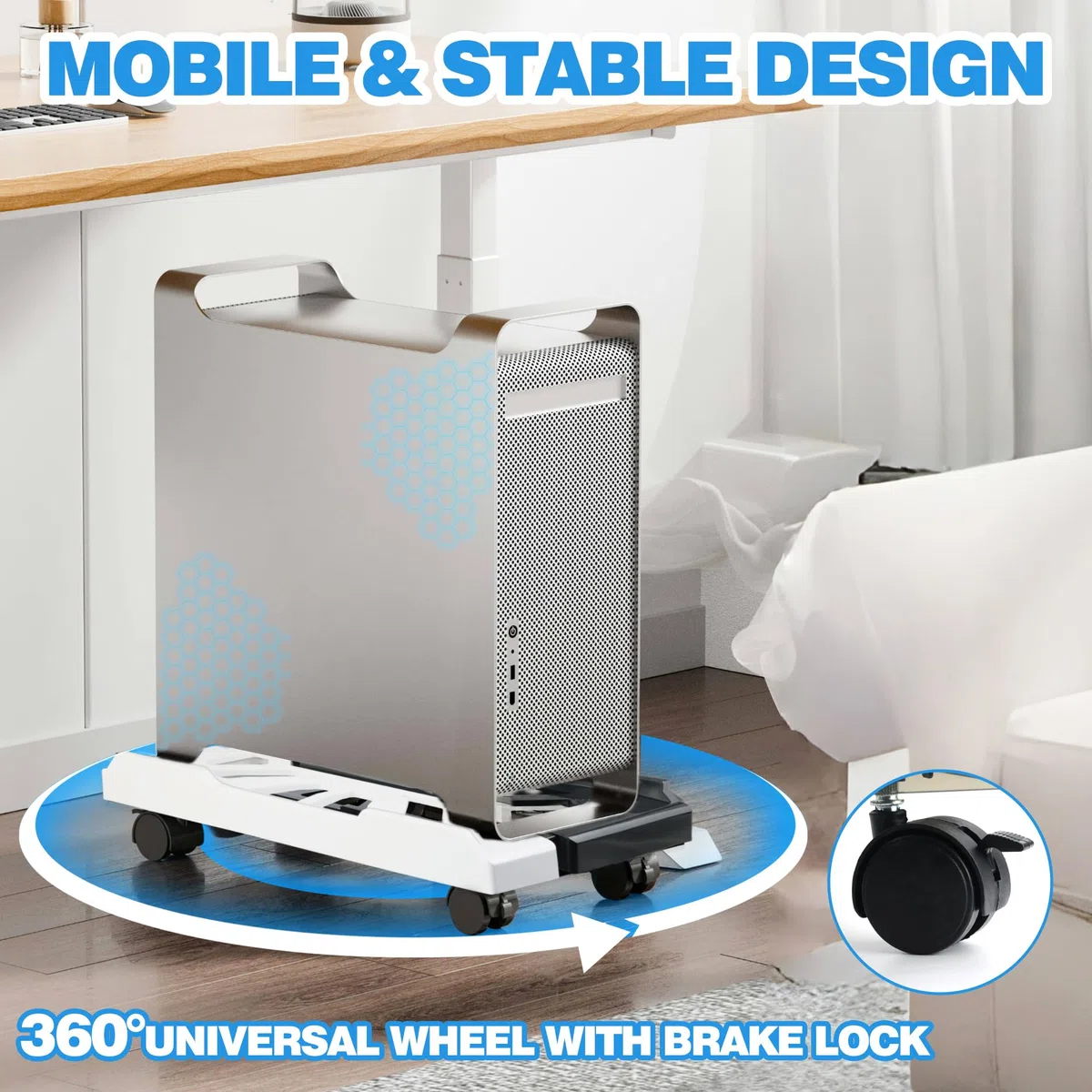 Soporte para PC, soporte torre PC, base con ruedas, soporte móvil universal ajustable para CPU con 4 ruedas, soporte PC bajo mesa, carrito de CPU debajo del escritorio para jugadores(BW)