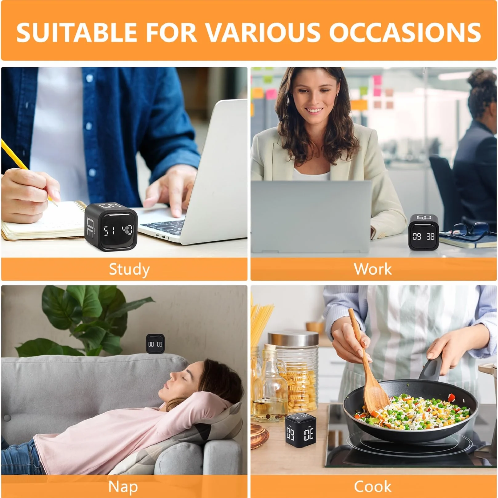 Cuteefun Cubo Temporizador, Pomodoro Timer Rotativo, 5/10/30/60 Minutos y Cuenta Atrás Personalizada, Temporizador Digital con Vibración, Alerta Sonora Ajustable para Cocina, Estudio, Reunión, Negro