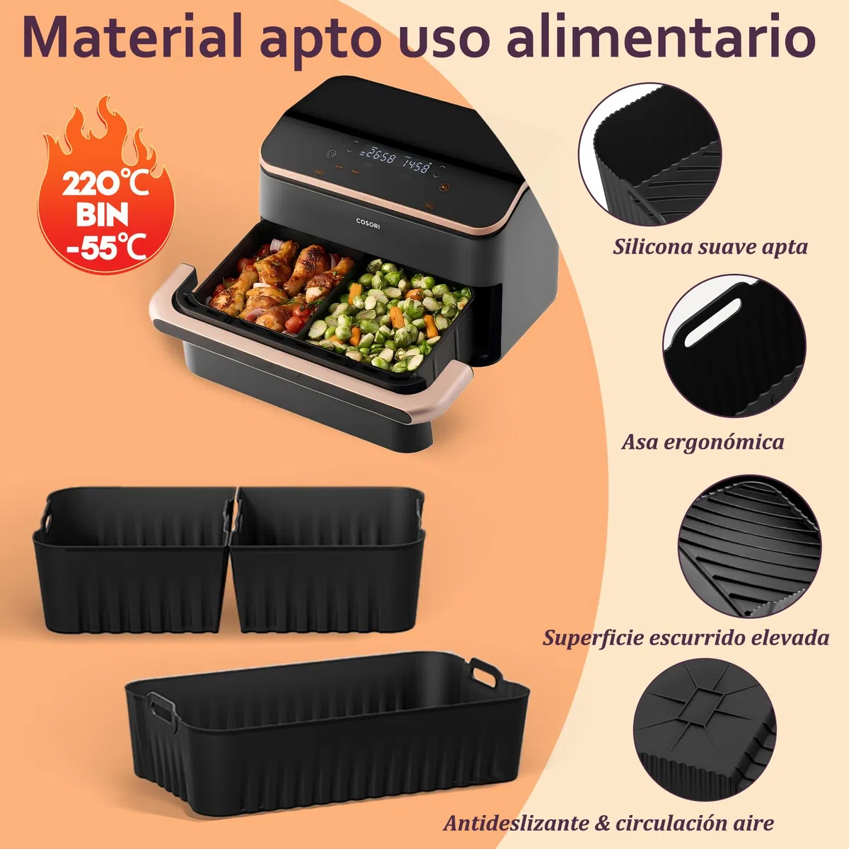 Accesorios Freidora de Aire, 3PCS Molde Silicona Freidora de Aire para COSORI Freidora de Aire Dual Blaze TwinFry 10L, Reutilizable Accesorios Freidora para COSORI 10L