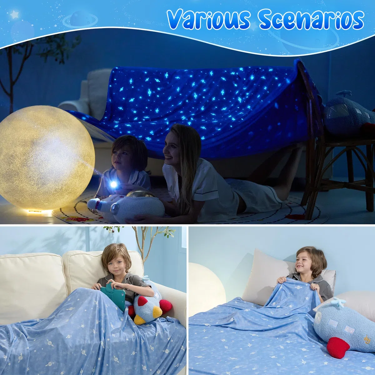 Elegear Manta de Enfriamiento, Manta Que Brilla en La Oscuridad，Niños y Niñas de Regalo de Cumpleaños, La Piel Fresca y Amigable es Adecuada para Niños, El Suave Y Transpirable, Astronave,130×170 cm