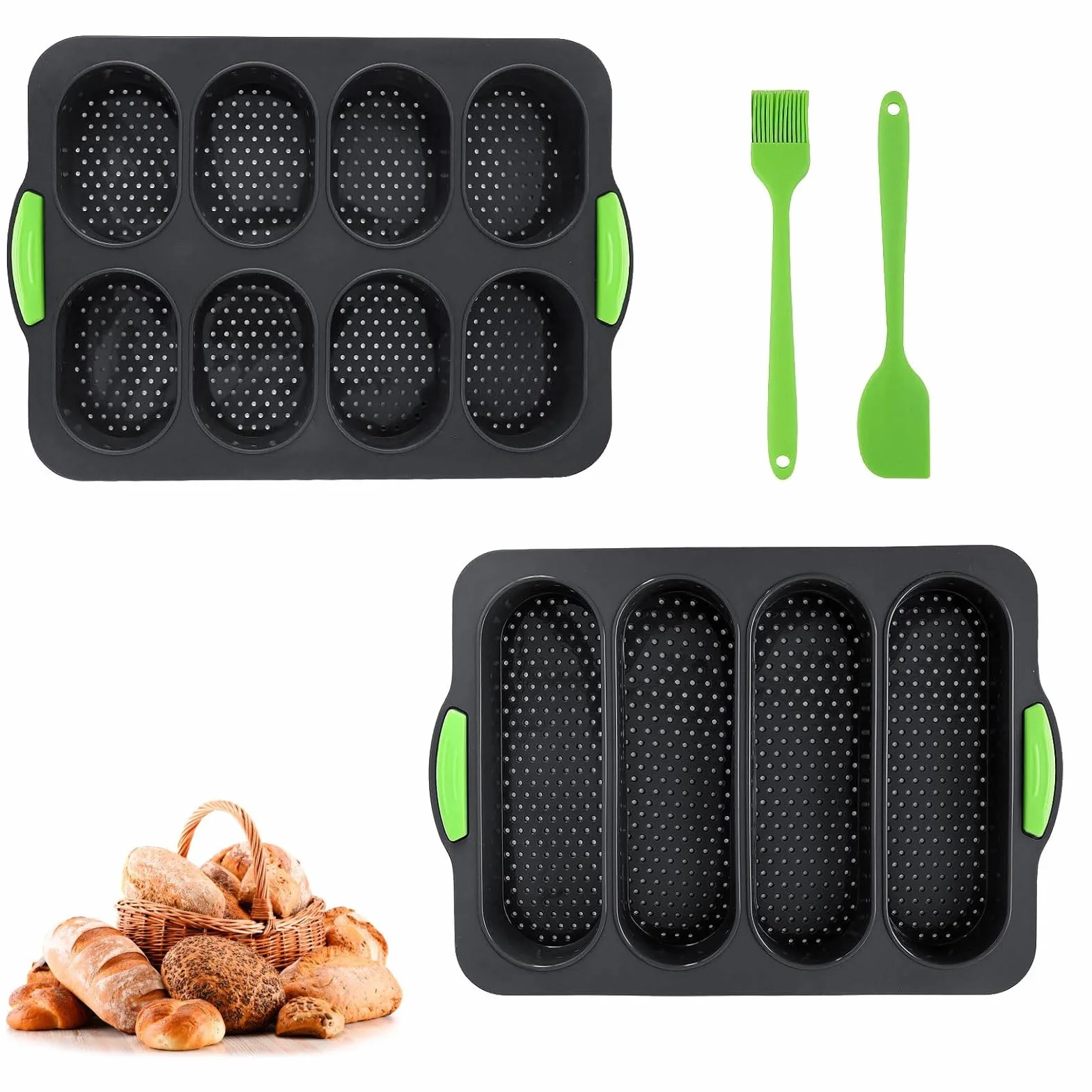 Molde De Silicona Para Baguette, Baguette Bandeja para Hornear, Perforada Francés Pan, Bandeja Baguette, Molde Antiadherente con Cepillo, 4, 8 Cavidades, 34 x 24 x 2.5 cm, 2 Piezas