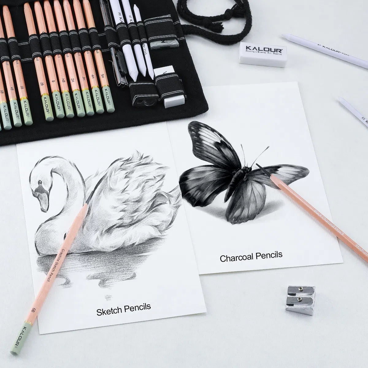 KALOUR Kit profesional para bocetos y dibujo al carbón, 29 piezas, suministros de arte con 14 lápices de grafito, herramientas de carbón y bolsa de lona