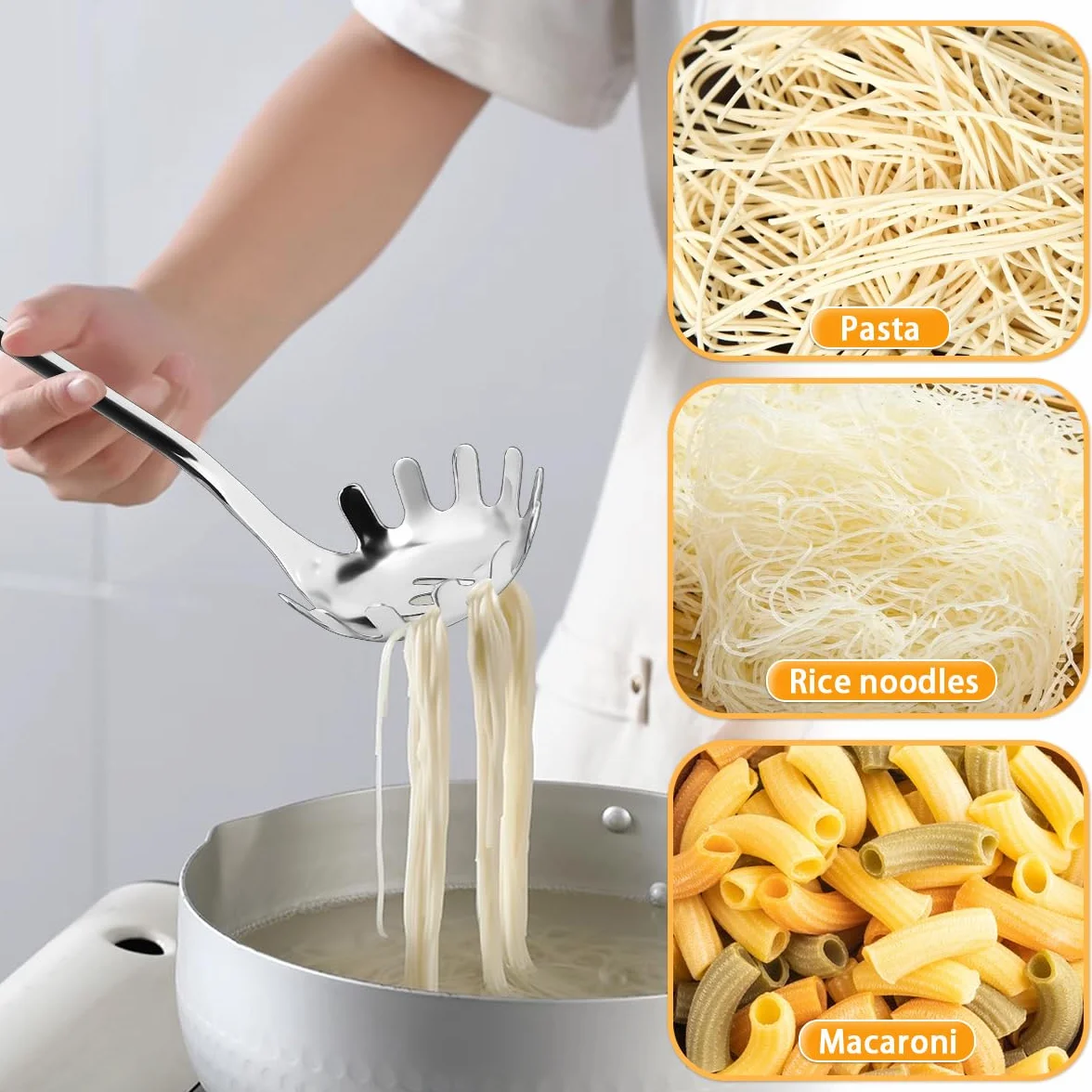 Cuchara de Pasta, Cuchara para Espaguetis de Acero Inoxidable, Cuchara para Fideos con Mango de Cerámica, Servidor de Espaguetis Colgante, Cuchara de Pasta para Cocina 30cm/11. 81 Pulgadas