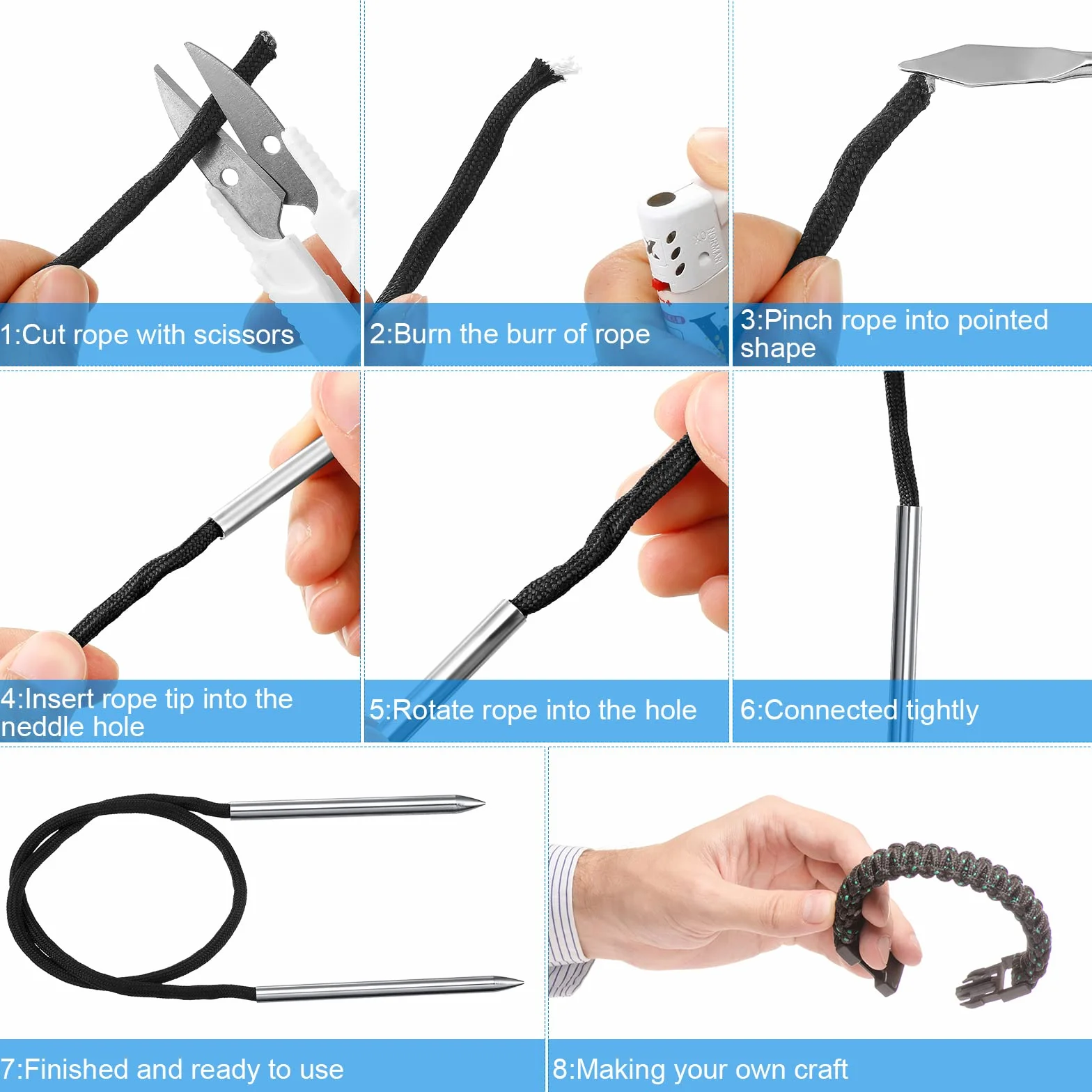 Ferraycle Herramientas de Anudar, Juego de Paracord FID Agujas de Cordón de Paracord de Acero inoxidable y Herramienta de Suavizado para Trabajo de Cuero de Paracord (Plata)