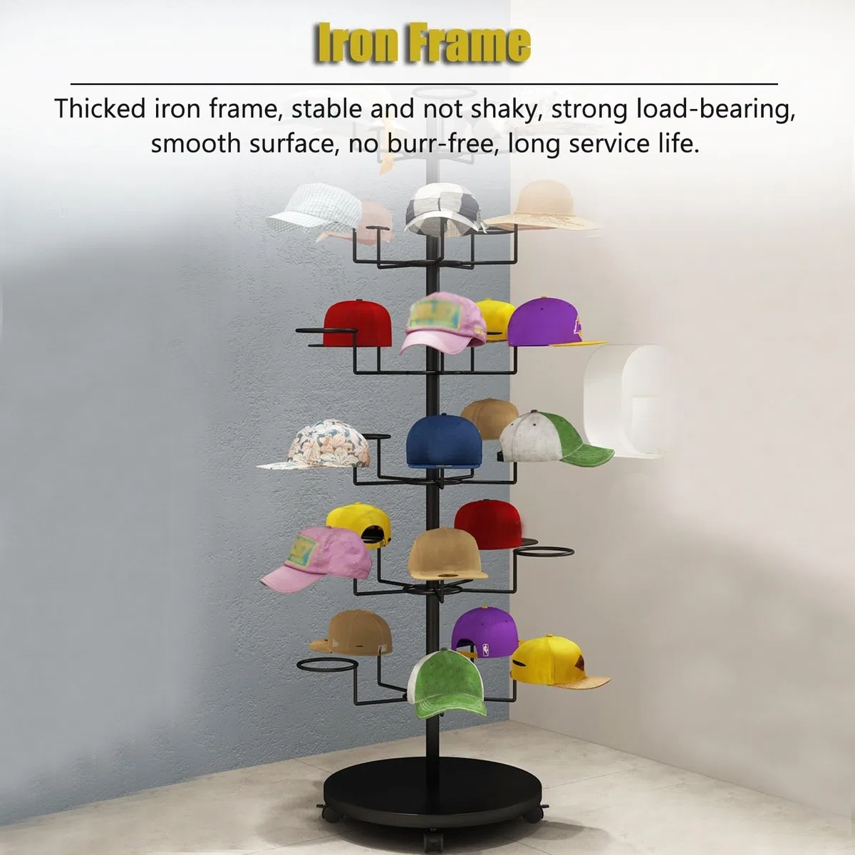Expositor de Sombreros, Estante de Almacenamiento de Sombreros de 4, 5, 6 y 7 Niveles, Torre de exhibición de Gorras de Metal Independiente con Ruedas giratoria,White-4