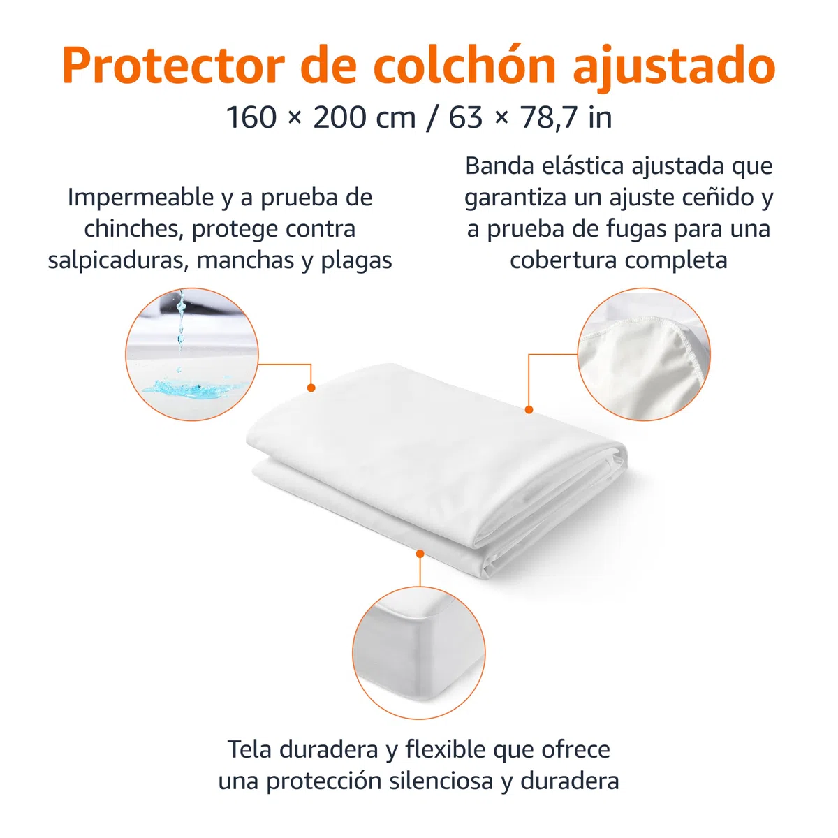 Amazon Basics Protector Colchón Impermeable, Altura 45cm Lavable Silencioso Cubre Colchón Cama 160 x 200, Blanco