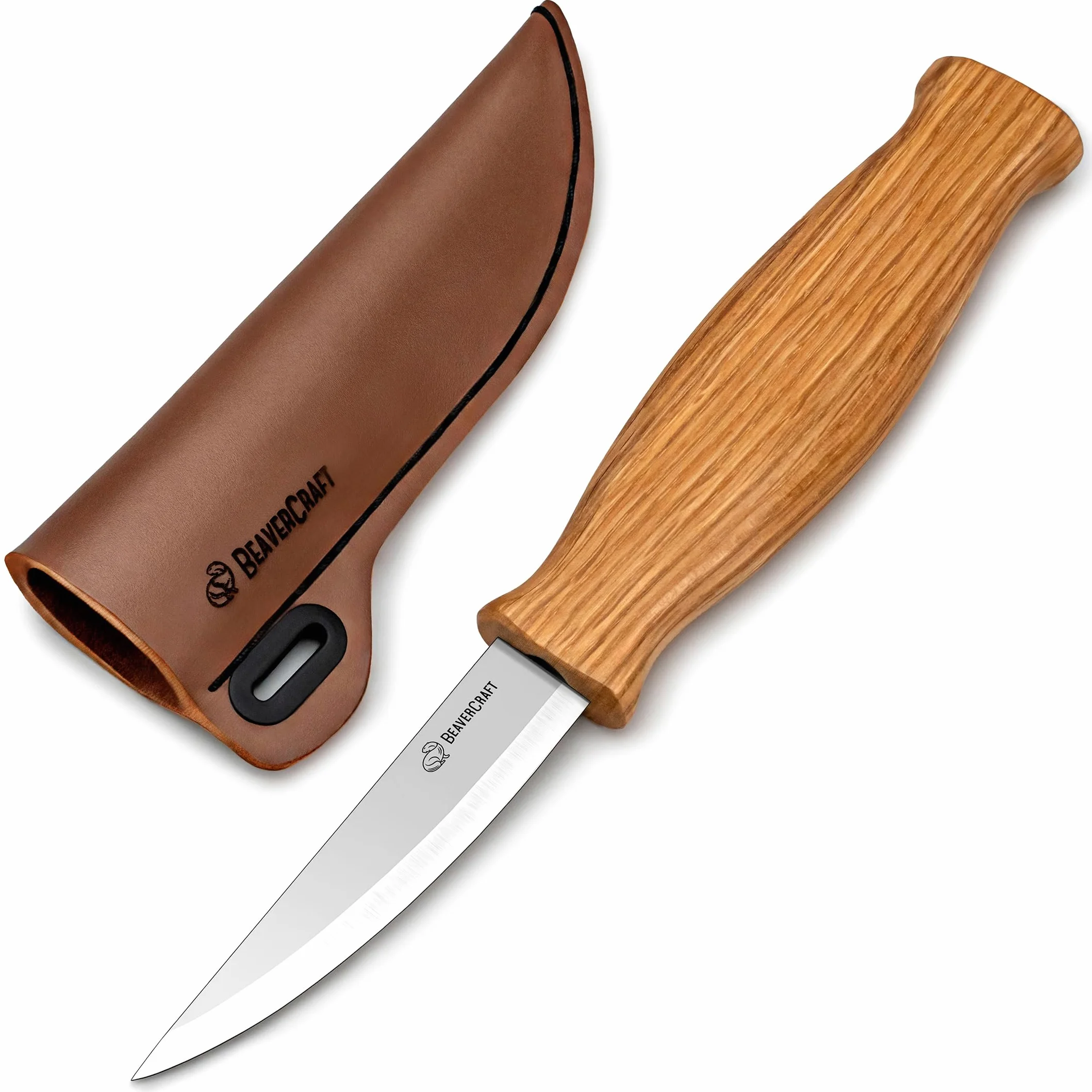 BeaverCraft, Cuchillo Sloyd C4s de 8cm - Cuchillo Sloyd para Tallar Madera con Funda de Cuero para Tallar y Desbastar para Principiantes y Profesionales Acero Duradero de Alto Contenido en Carbono
