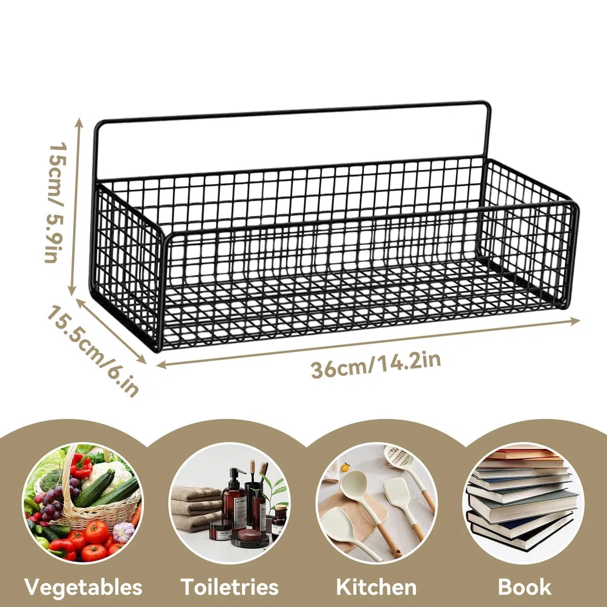 Cesta colgante de pared, cesta de almacenamiento de alambre, estantes de pared de cocina, cesta de almacenamiento colgante, estante de pared de alambre para cocina de oficina en (Negro)