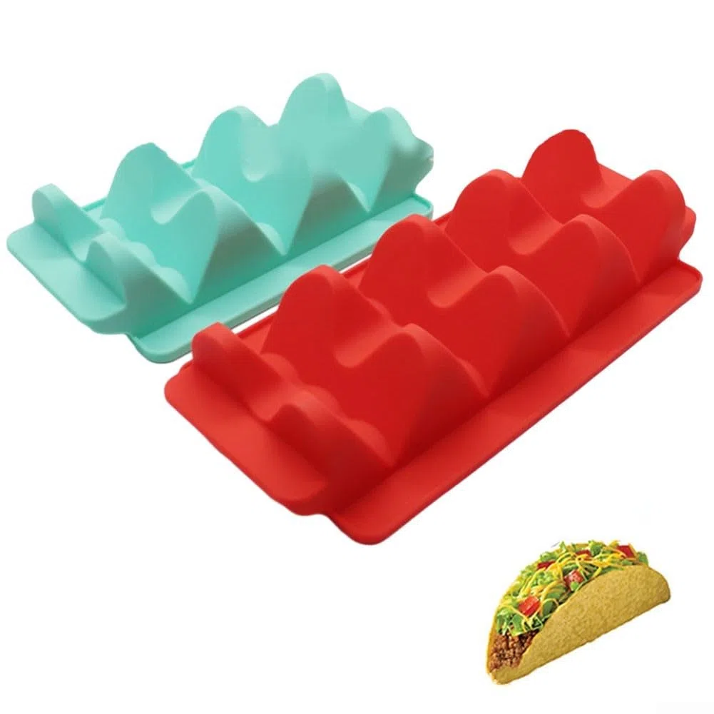 Soporte de silicona para tacos para calentar en posición vertical, resistente al calor, bandeja de 4 tacos y 3 tacos, apto para lavavajillas, agarre antideslizante, azul/naranja/rojo/verde