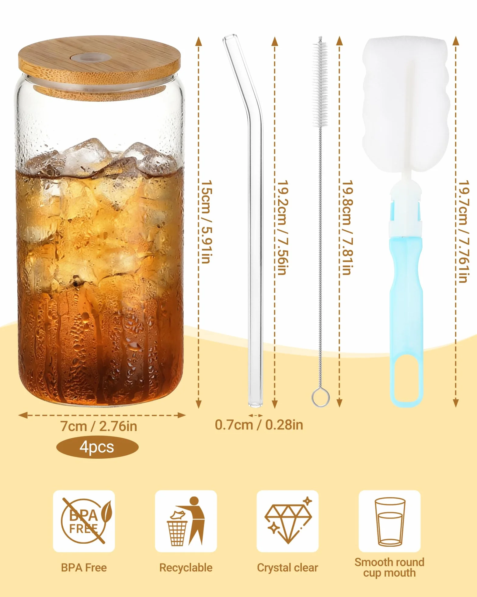 Juego de 4 vasos de 500 ml con tapa y pajita, vaso de agua y matcha, vasos con tapa, vasos de café helado, vasos de café helado, vasos de agua para matcha y café