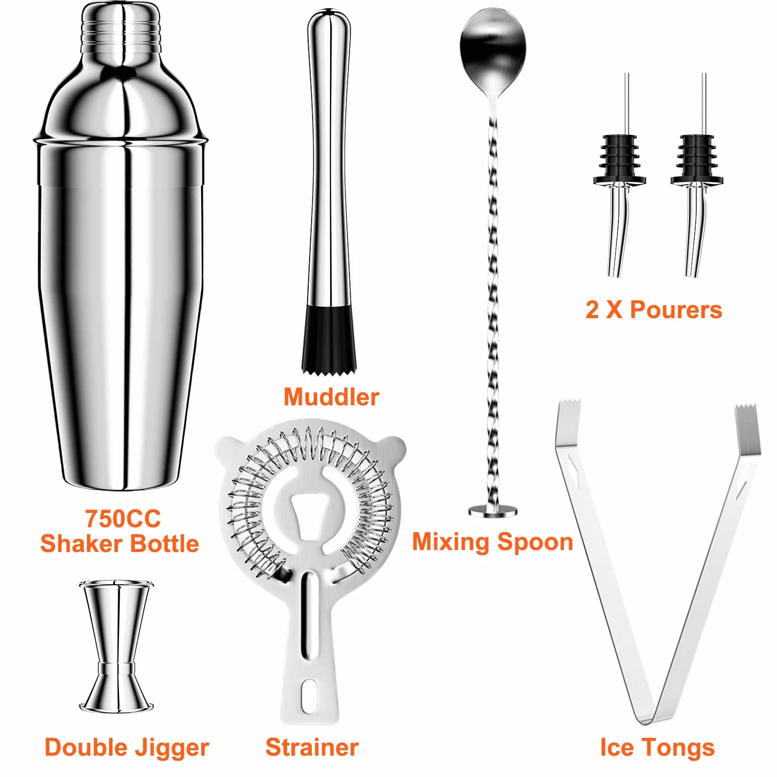 Newaner 750ML Coctelera, 8 piezas juego de Coctéles de acero inoxidable, profesional barman herramientas con colador, medidor, cuchara, vertedor, para mezclar bebidas, hogar, barra, fiestas (plata)
