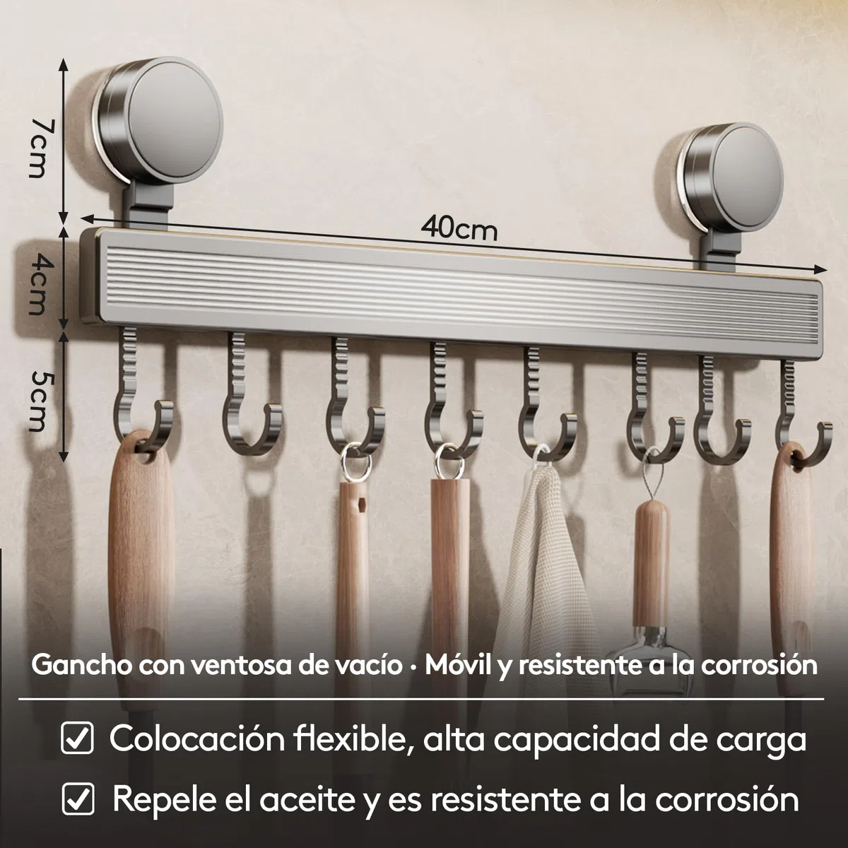 Barra de ganchos para cocina sin taladro con ventosa | 8 ganchos, 40 cm de largo, capacidad de carga de 20 kg, instalación en 1 minuto | Barra desmontable para utensilios de cocina
