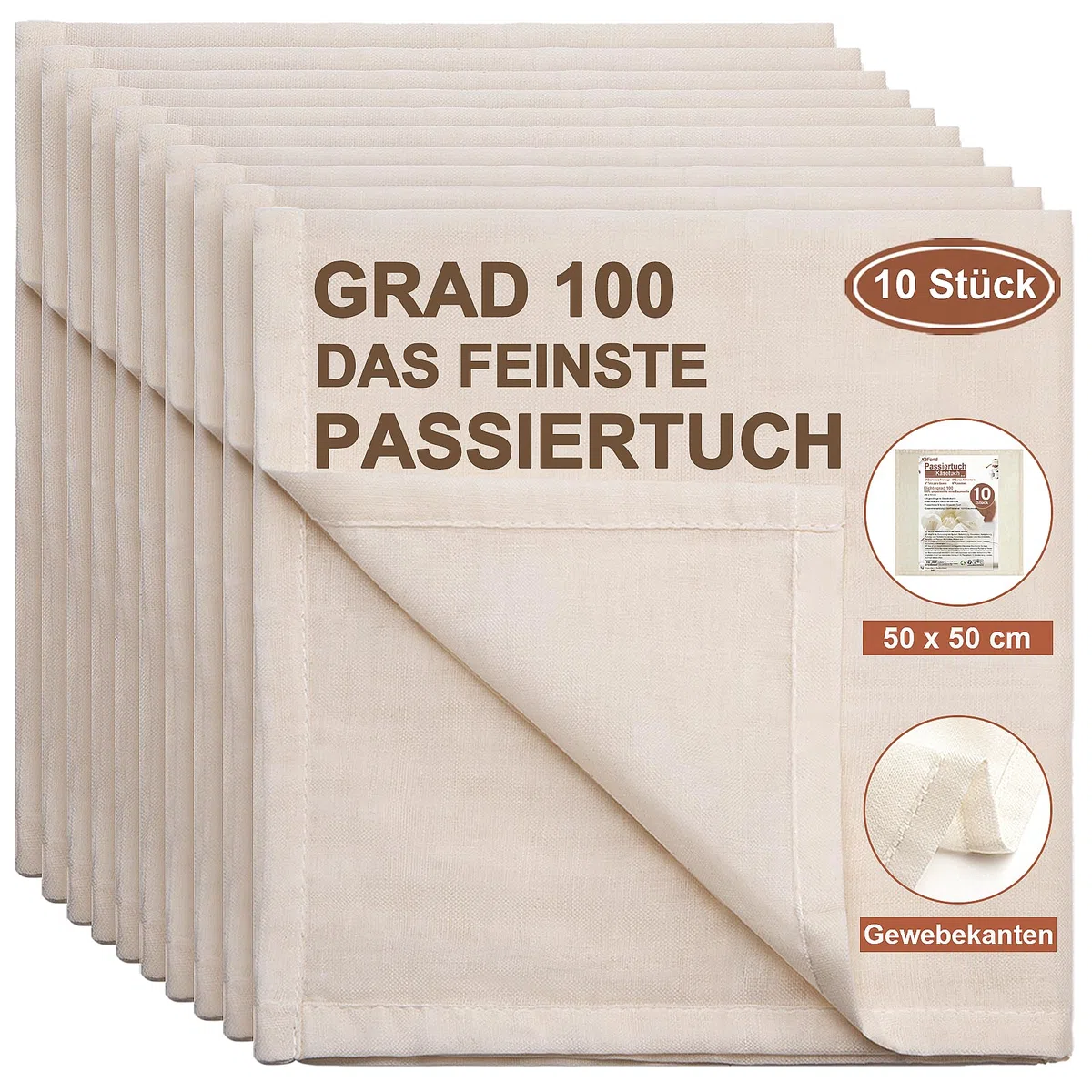 eFond Passiertuch 10 Stück 50x50cm Käsetuch Feingewebt Denchtegrad 100 Cheesecloth ungebweight Baumwolle muslltuch mit Sauber Umgeschlagene Saum, Seihtuch waschbar und Wiederverwendbar