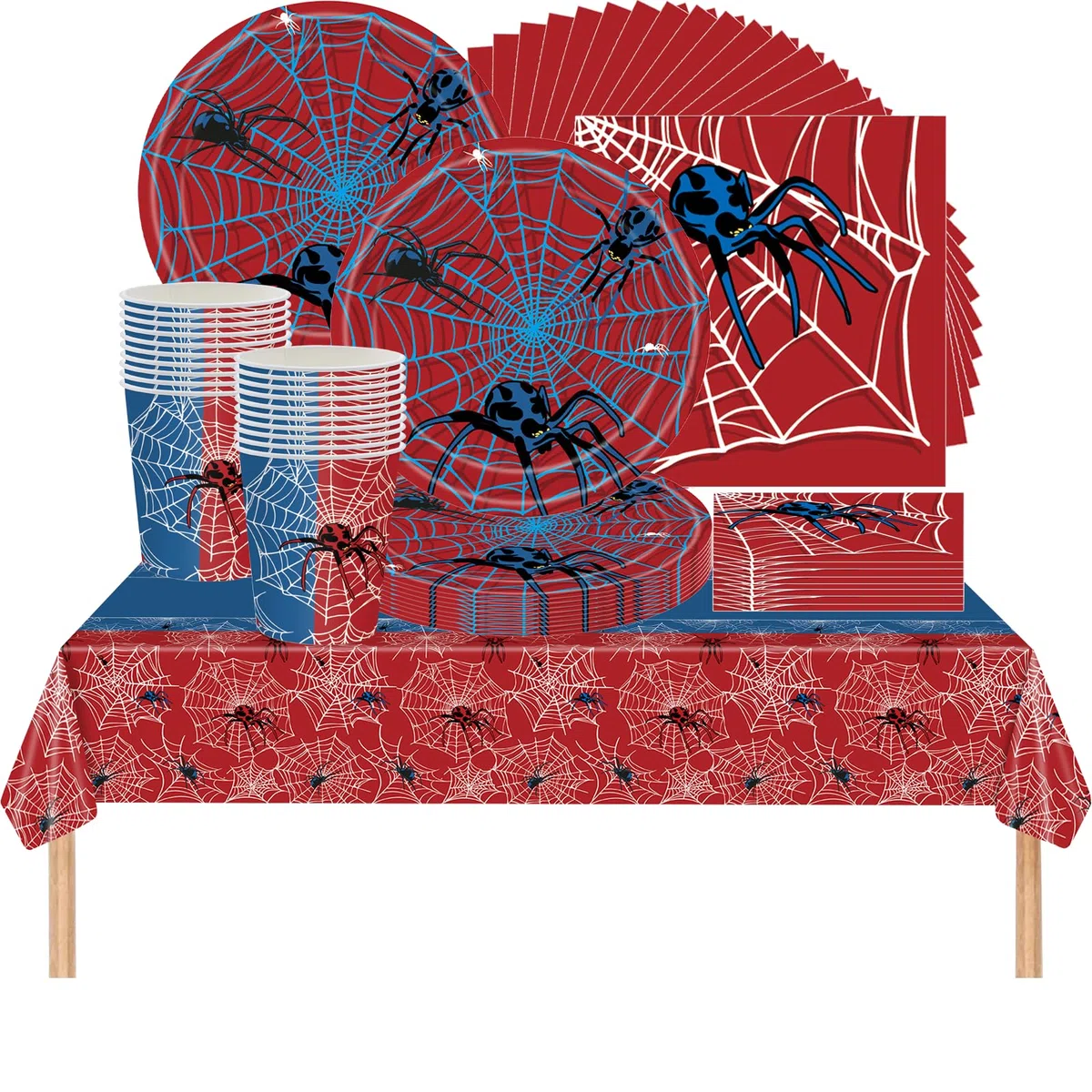 61 piezas de vajilla para fiesta de cumpleaños infantil con temática de telaraña roja, fiesta de Halloween con telaraña roja, incluye vasos, platos, manteles y servilletas, para 20 personas
