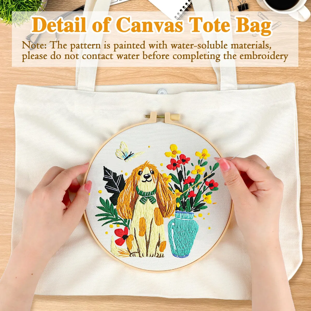 JSRQT Perro Kit de Bordado Bolso de Lona, Kit de Inicio Punto Cruz con Estampado de Flores para Principiantes Adultos, Bordado Hecha a Mano para Amantes Manualidades, con Instrucciones, Aguja e Hilo