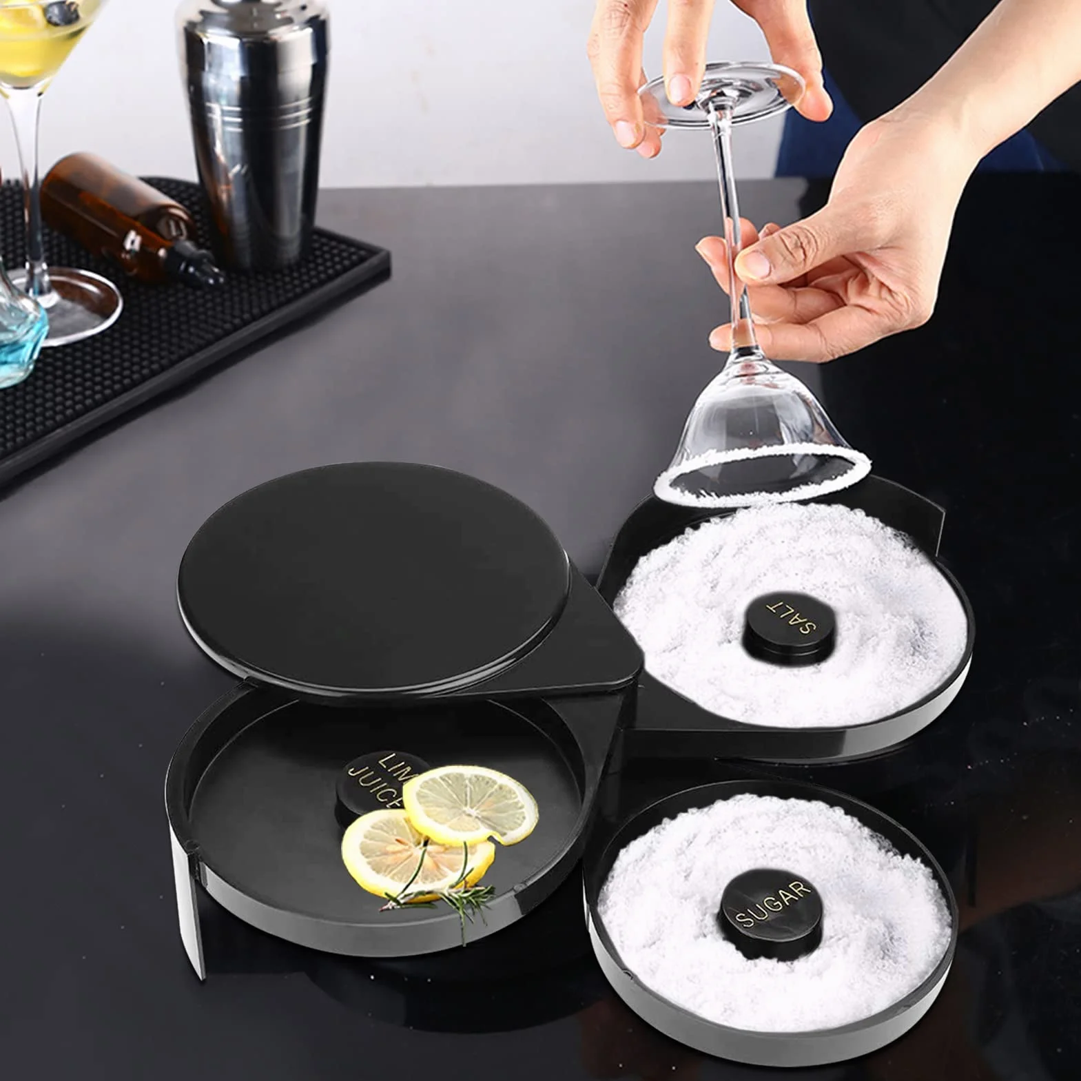 3 niveles de azúcar sal Rim, Recipiente para Especias con borde de sal de azúcar acrílico vidrio de lima para cóctel Bartender Tool Party Home Black