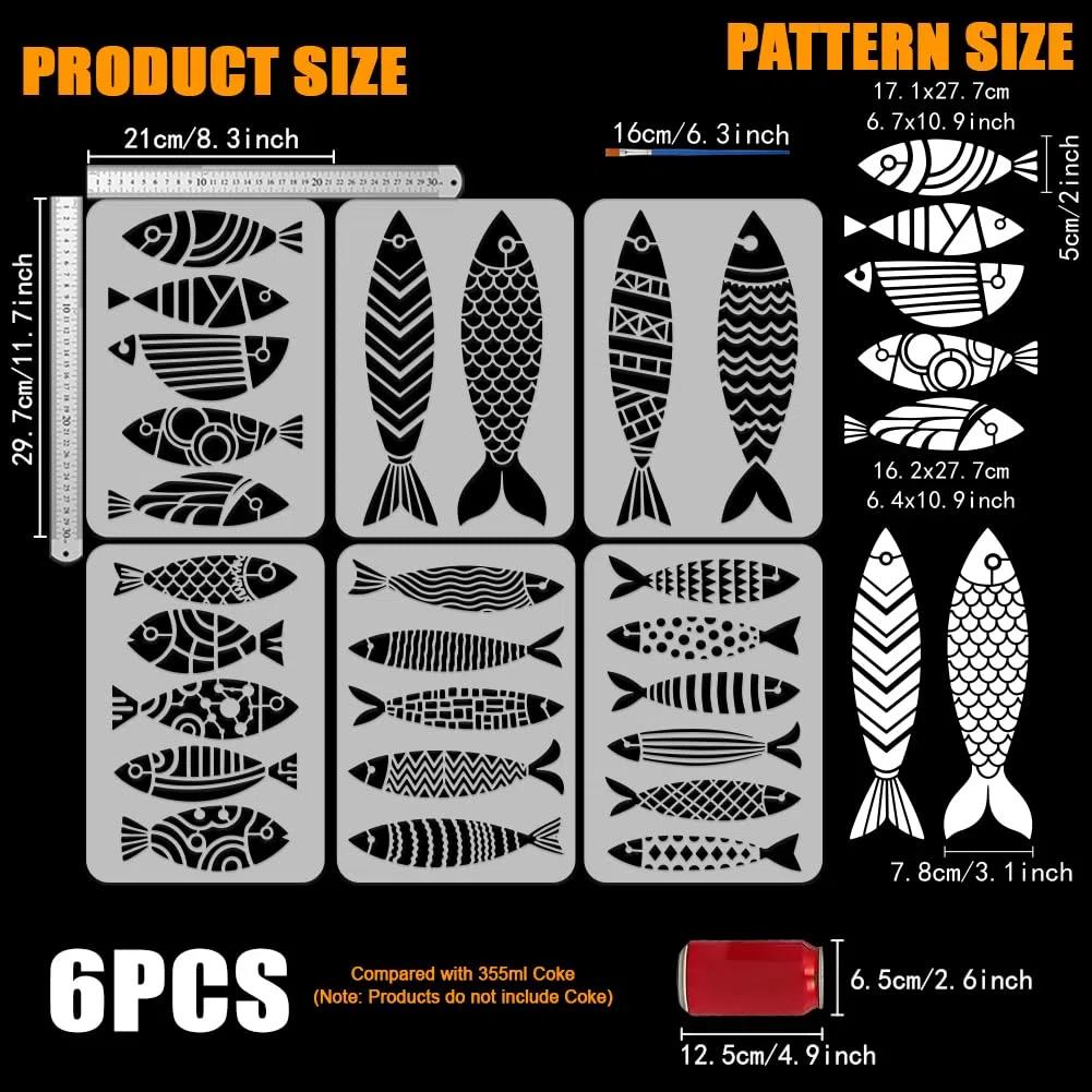 FINGERINSPIRE - 6 plantillas de pez geométrico con un pincel 29,7 x 21 cm, plantillas creativas para pintar peces con temas marinos, plantilla PET para pintar en madera, suelo, azulejos, paredes, tela