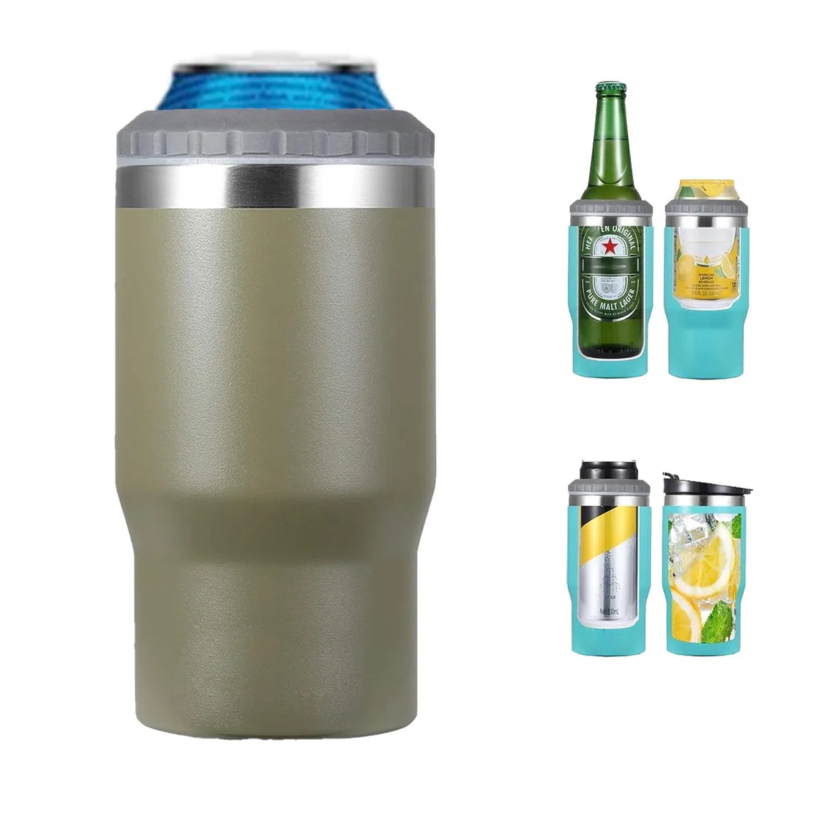 Aislante 4 en 1 de acero inoxidable para latas/botellas, tapas bidireccionales de 14 onzas, enfriador de latas con aislamiento SUS, soporte para botellas de cerveza (oliva)