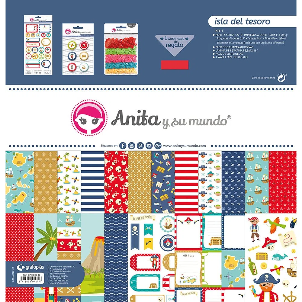 37080640. Kit Bolsa de Scrapbooking, Colección Isla del Tesoro, 13 Papeles Estampados, Pegatinas, Chapas, Lentejuelas Colores Vivos, Washi Tape.