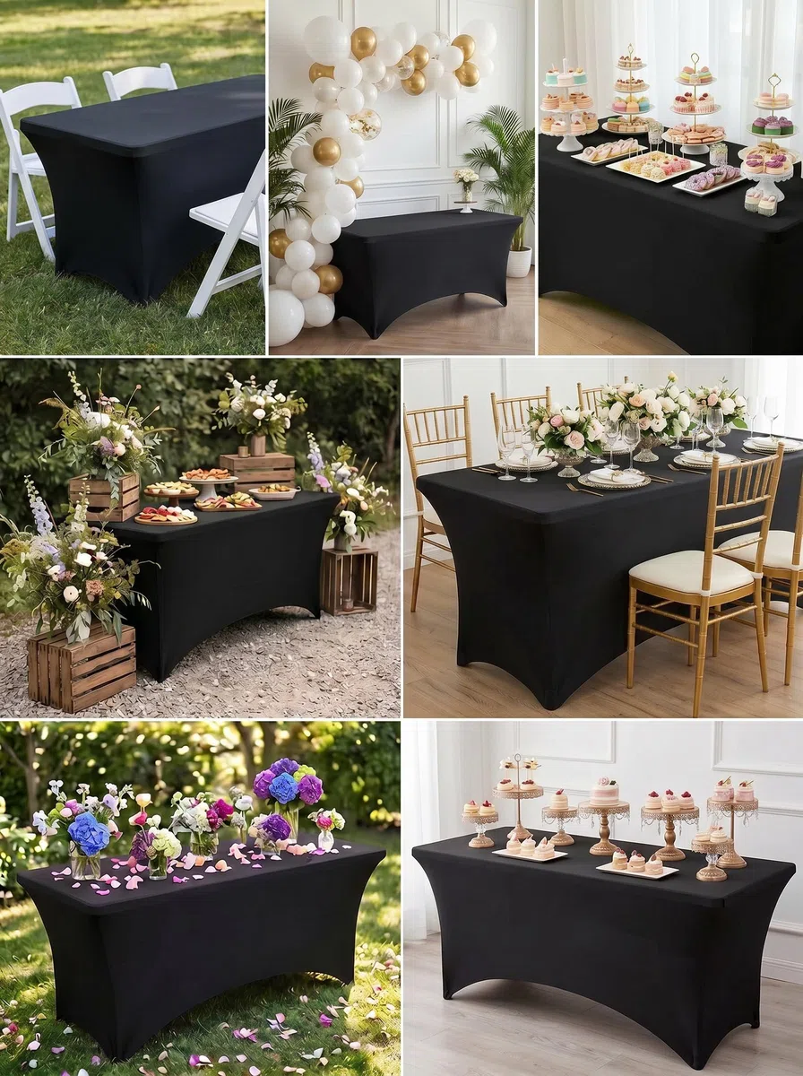 Utopia Kitchen 2 Paquetes de Manteles Rectangulares de Poliéster (6 pies - 183 cm) Elásticos de Spandex, Cubre Mesas para Bodas, Bares, Artesanías, Exposiciones (Negro)