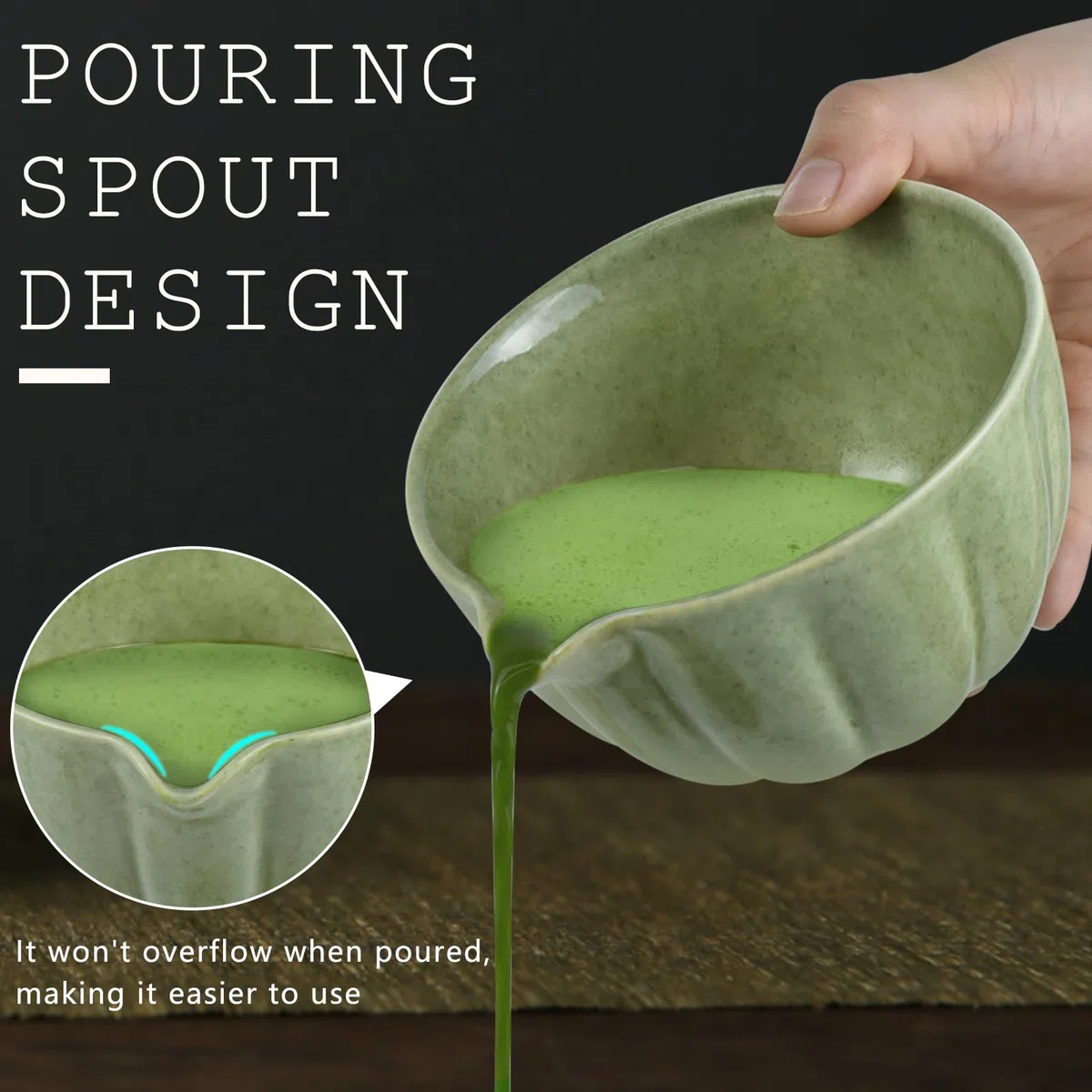 Artcome Juego de cuenco para matcha con boquilla de vertido y soporte para batidor, cuenco de té matcha de cerámica de con práctica boquilla y soporte de batidor de bambú para ceremonia
