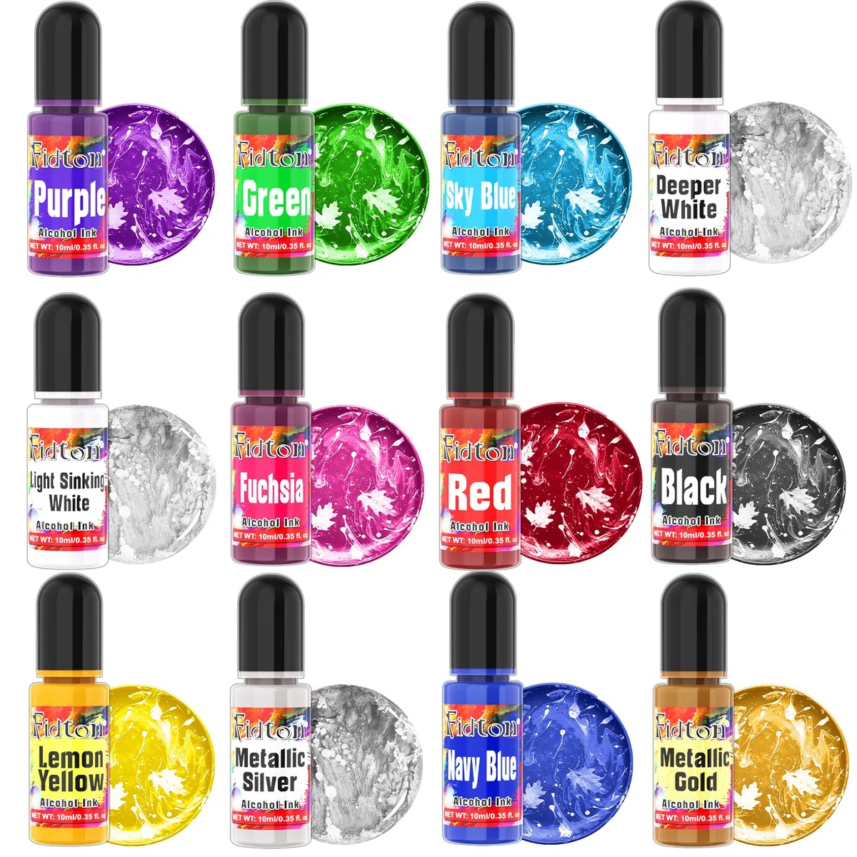 Alcohol Ink - 12 colores brillantes y vibrantes de resina epoxi para arte, posavasos, joyería - 10 ml/pieza