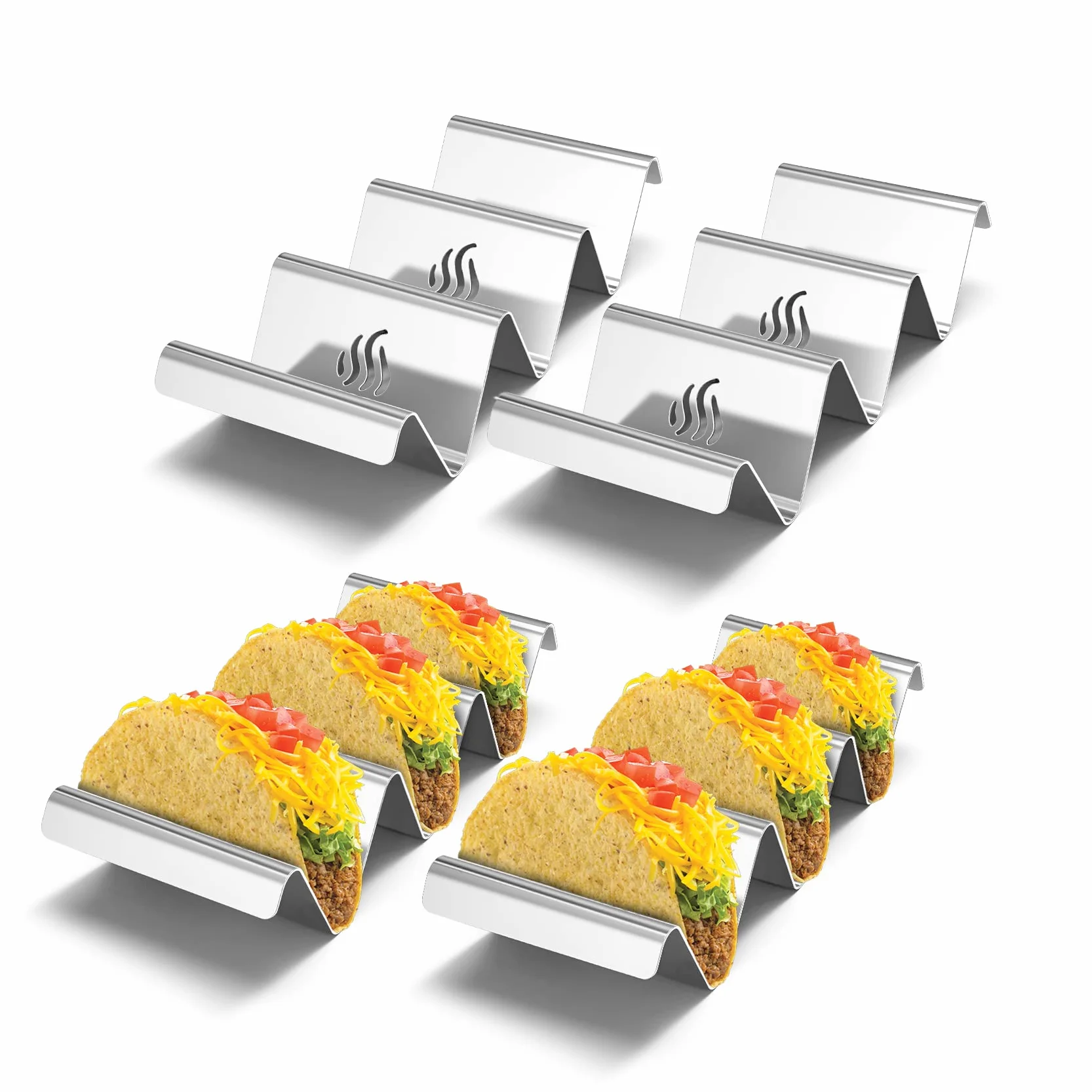 onlyfire Soporte de taco de acero inoxidable, 4 bandejas de taco sólidas con asas