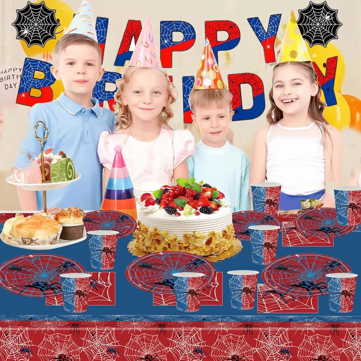 61 piezas de vajilla para fiesta de cumpleaños infantil con temática de telaraña roja, fiesta de Halloween con telaraña roja, incluye vasos, platos, manteles y servilletas, para 20 personas