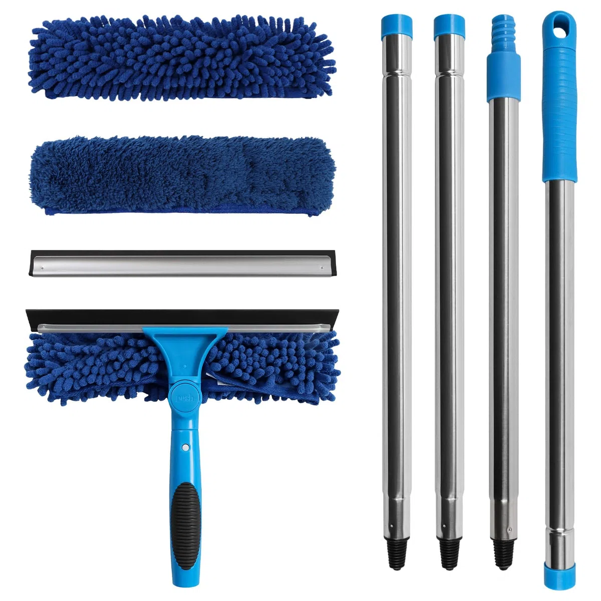 Terafeels 170 cm Limpia Cristales Ventanas 2 en 1 con Mango Extensible, Limpia Cristales Limpiador de Ventanas con 2 Raspadores de Silicona & Paños de Microfibra (Azul Oscuro)