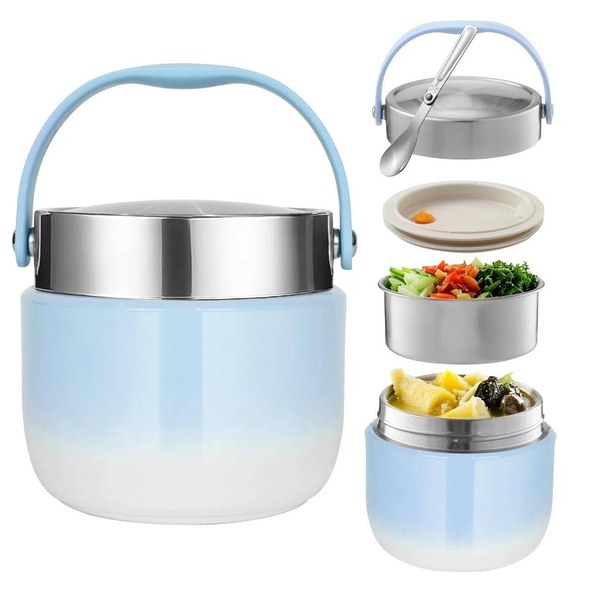 Recipiente Térmico para Alimentos 1200 ml Termo Comida Caliente Adulto con Cuchara Plegable Fiambrera Termica Para Guardar Comidas,Almuerzos,Gachas,Sopas (Azul)