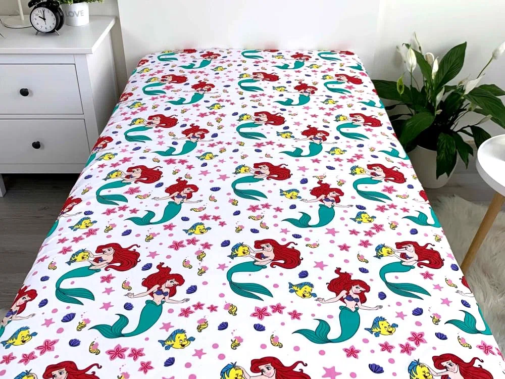 Jerry Fabrics - Sábana bajera simple Ariel Friends - Juego de cama 100% algodón, cómodo y transpirable, diseño de princesa Disney Ariel