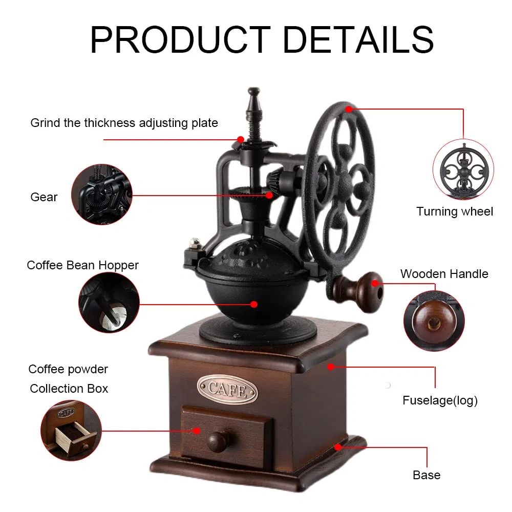 Molinillo de café manual Coffee Grinder Encantadora molino de café retro en diseño antiguo hecho de madera y hierro fundido Espressomühle para granos de café