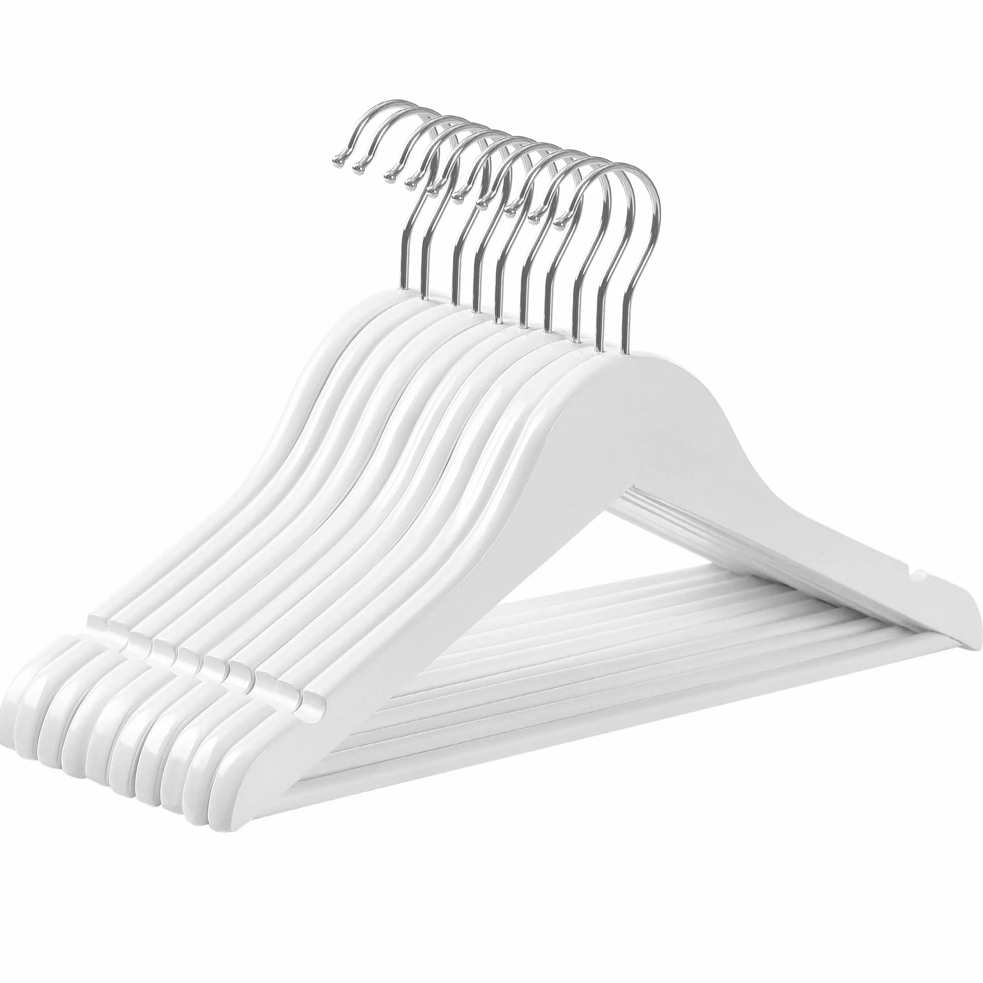 SONGMICS Juego de 10 Perchas para Niños de Madera Maciza, para Ropa Infantil, con Barra de Pantalones, Muescas en Hombros, Ganchos Giratorios, 35 cm Largo, Blanco y Plata CRW006W02
