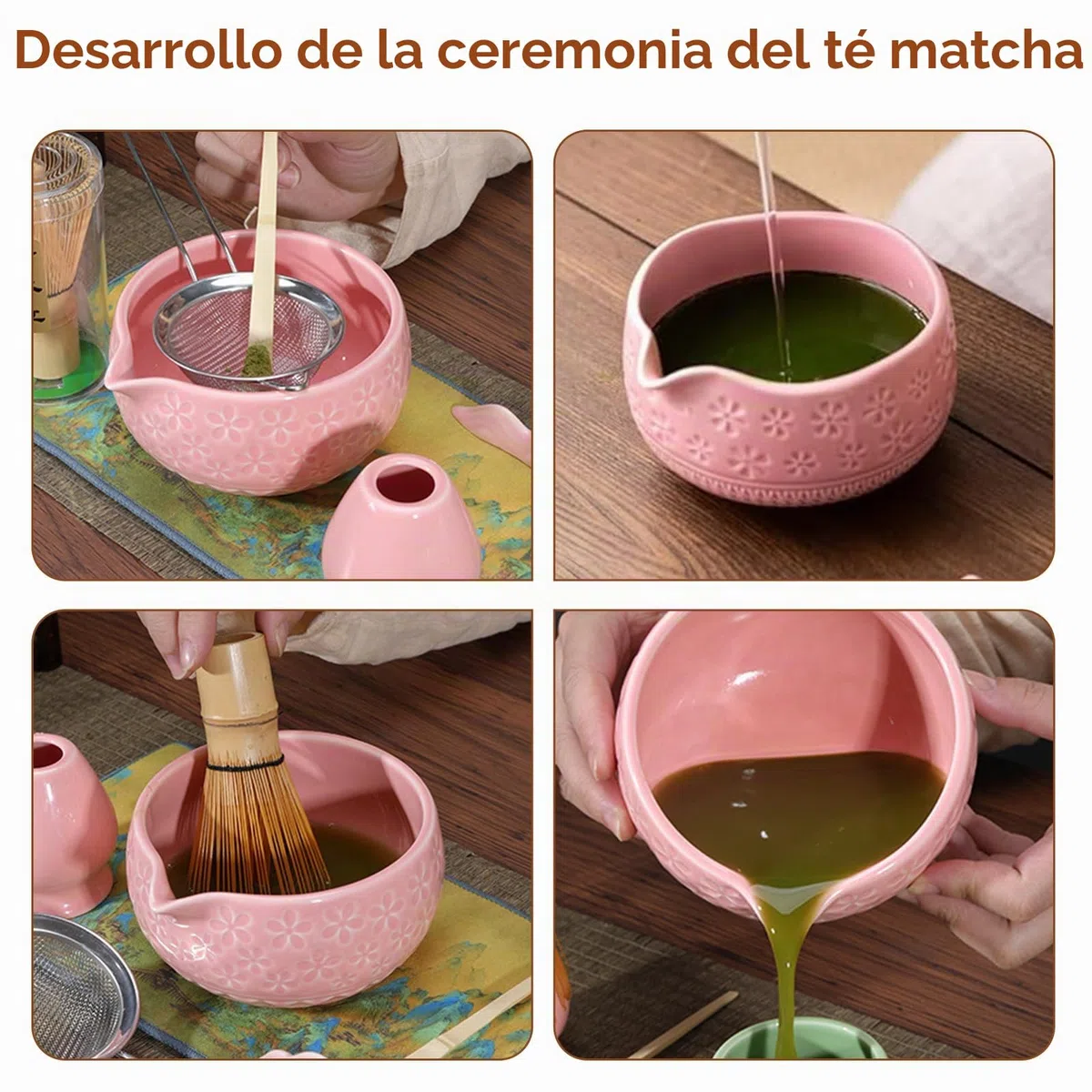 Souvik Kit de Matcha Japonés 7 Piezas – Matcha Set de Ceremonia con Tazón con Pico, Batidor de Bambú, Cuchara, Tamiz, Soporte y Paño – Regalo Ideal para Amantes del Té, Rosa
