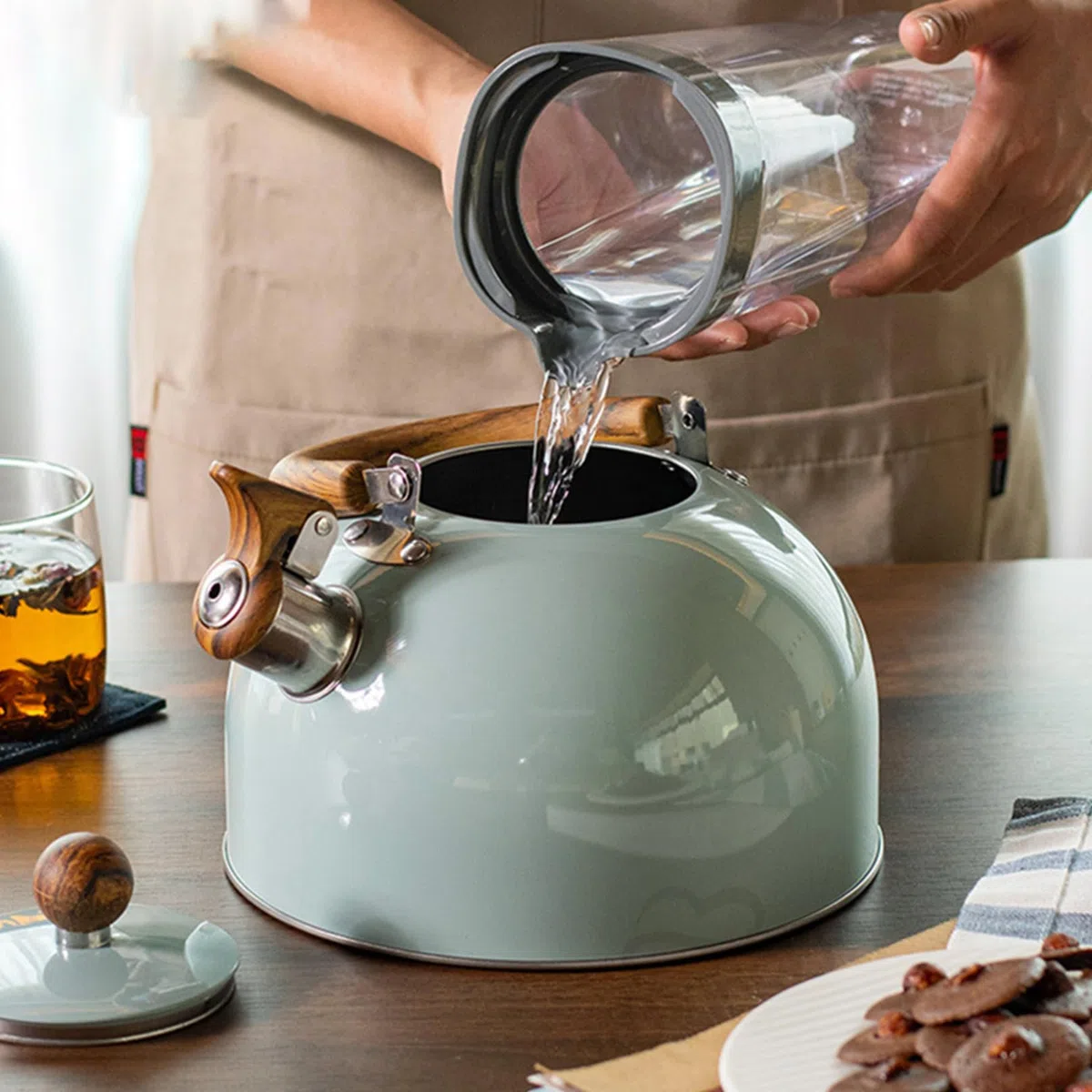 Tetera|Tetera con silbido Mango de Madera Pulida de Acero Inoxidable de Grado alimenticio de 3 litros Olla sin Olor para Cocina de inducción, Verde Claro