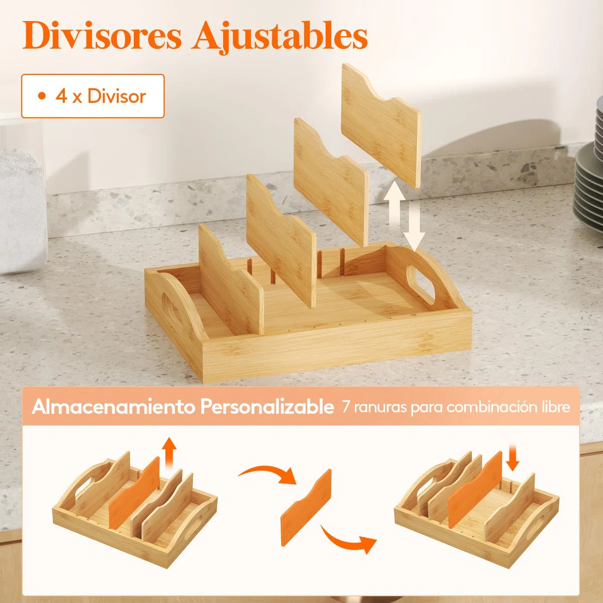Lifewit Organizador Tapas de Bambú, Salvaspazio Organizadors Platos Armario Cocina con con 4 Divisores Ajustables, Soporte para Tapas de Recipientes de Almacenamiento de Alimentos, 27 x 21 cm