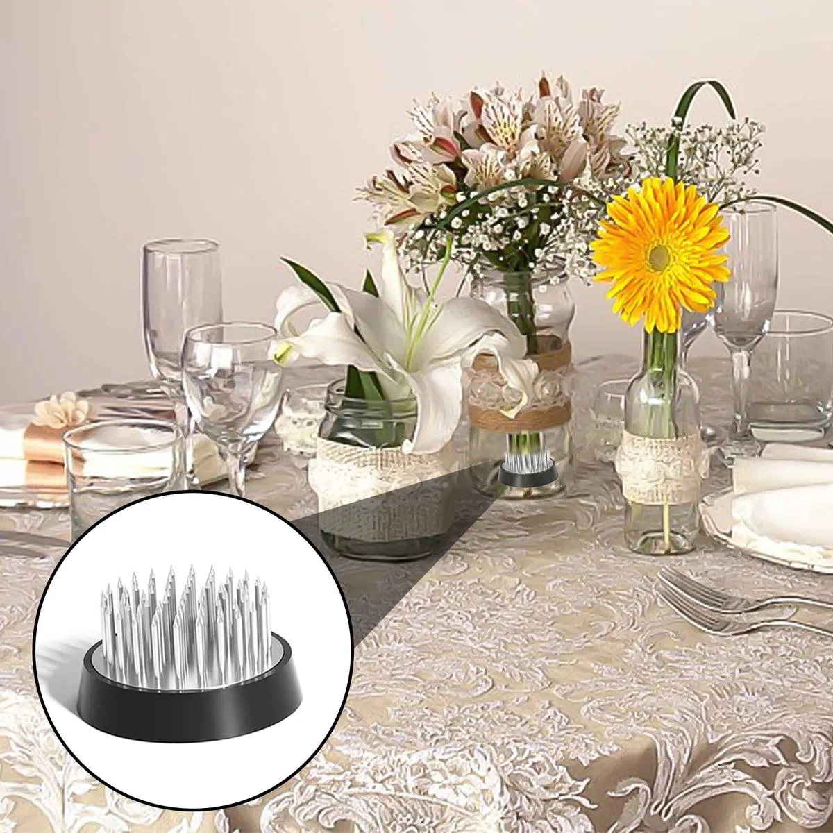 4 Piezas Plata Arreglos Florales, 3 Tamaños D23*2+D34+D46 Pin Arreglo Floral Acero Inoxidable, Arreglo Floral con Base, Herramienta de Aarreglos Florales, para hogar, Jardín, Hotel