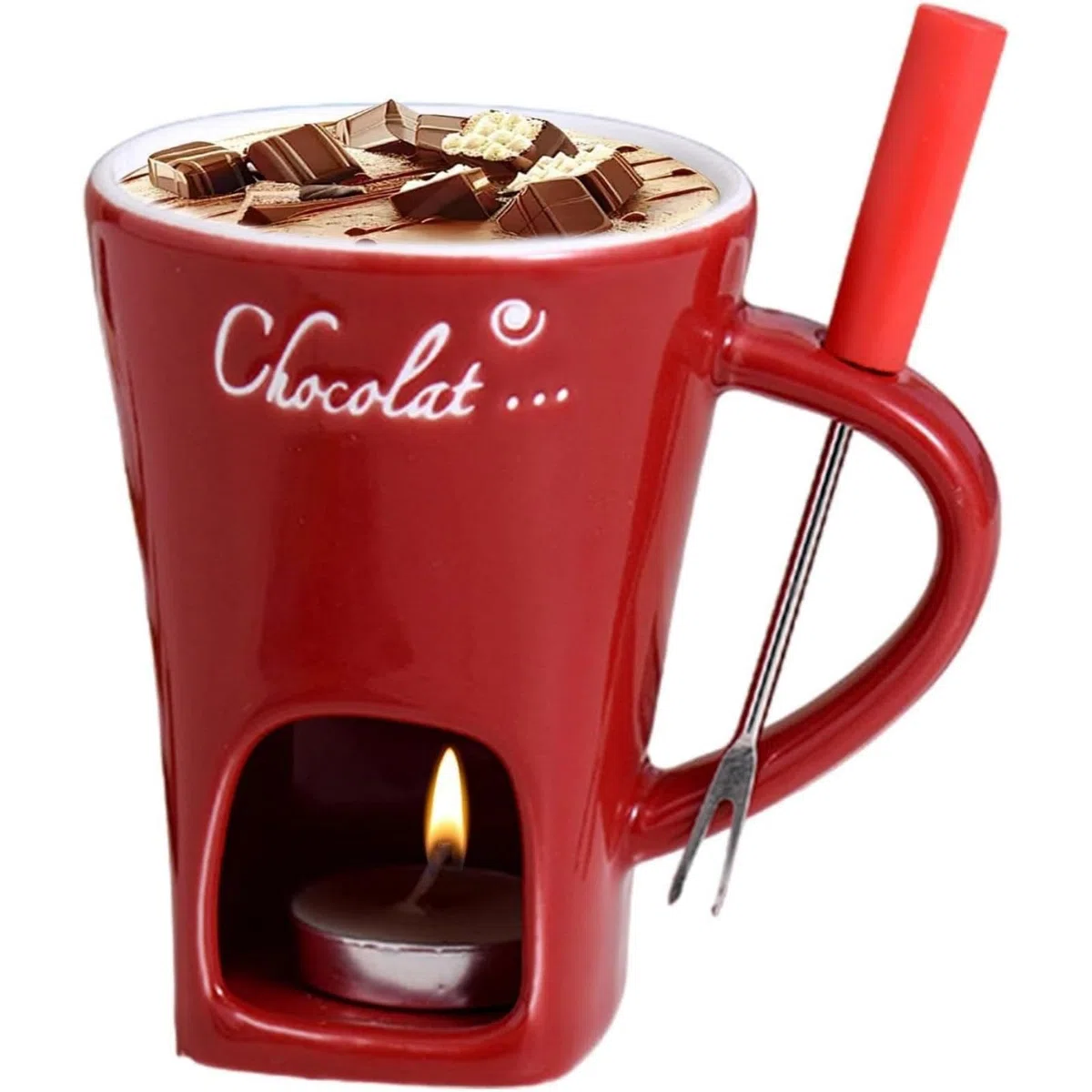 Taza para Fondue de Chocolate, Tazas de Fondue de Chocolate, Taza de Café de Cerámica para Fondue de Chocolate con Tenedores, Tazas para Derretir Mantequilla de Queso y Chocolate con vela (Red)