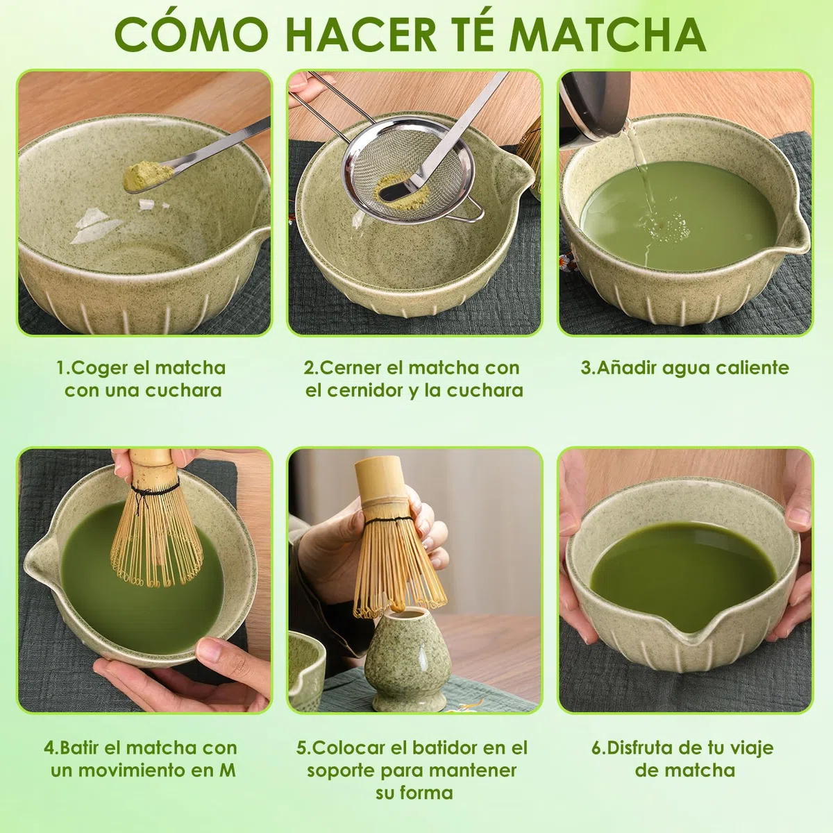 7 Piezas Matcha Kit, Matcha Set con Batidor de Bambú, Cuchara de Filtro, Colador, Cuchara de Matcha Soporte para Licuadora y Alfombrilla de Escritorio, Regalo para Amantes del té, Verde