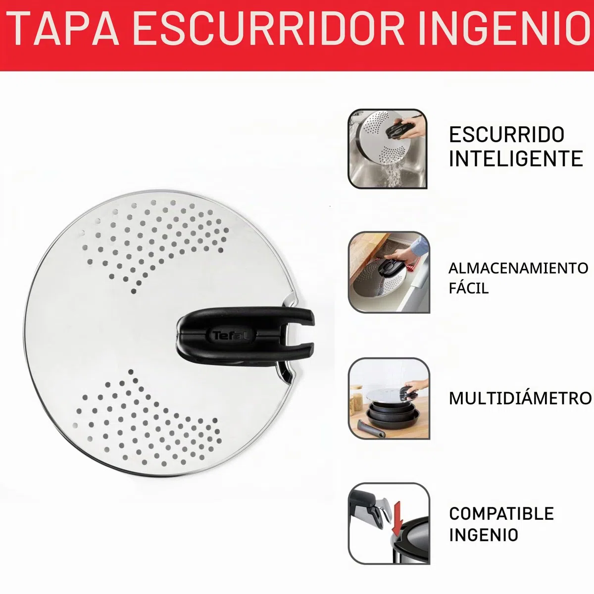 Tefal Ingenio - Tapa escurridor, acero inoxidable, fácil almacenamiento, multidiámetro, compatible con Ingenio, apto para lavavajillas L9829402, acero inoxidable y negro, tapa escurridor, 14-20 cm